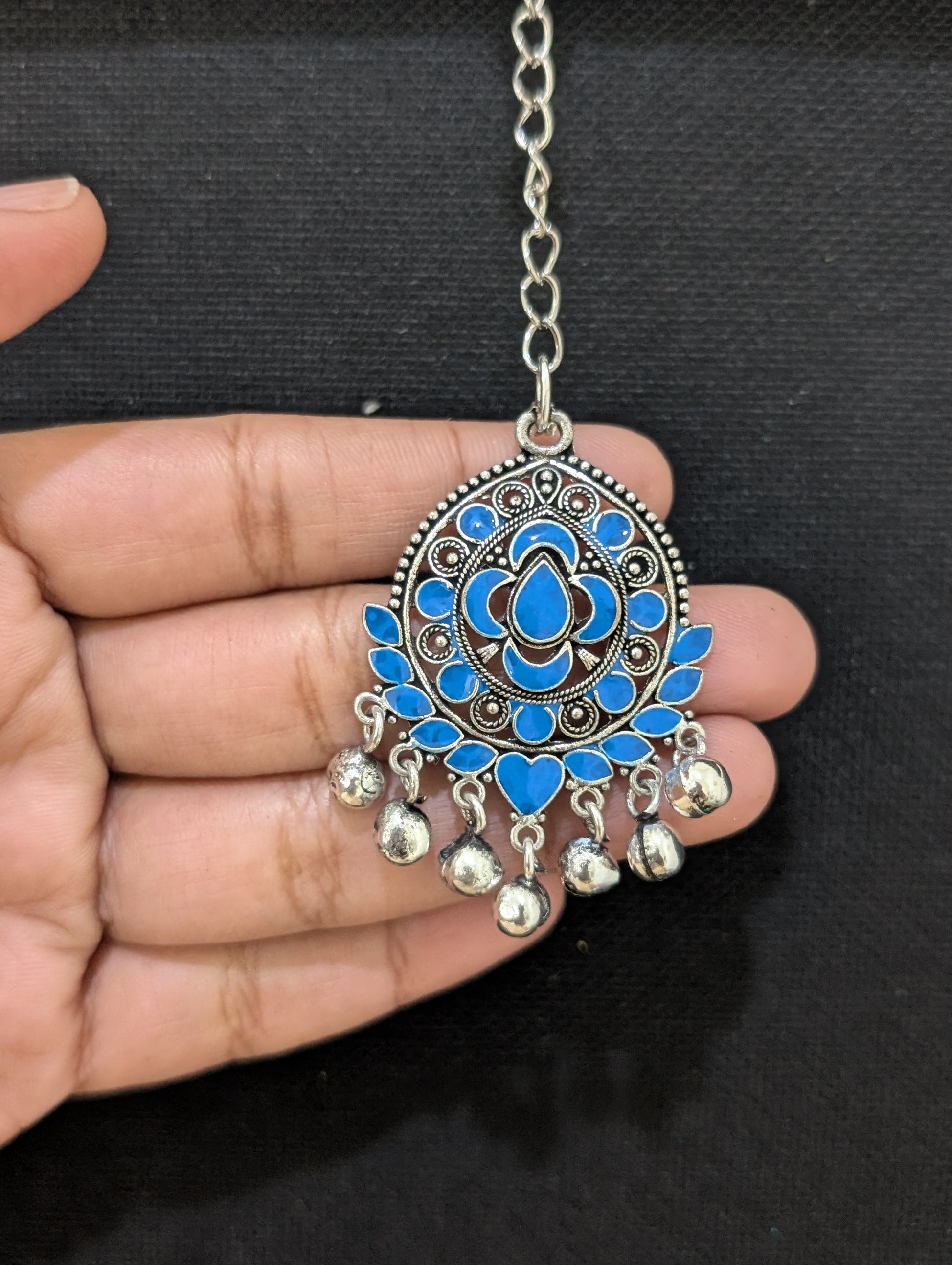 Oxidized Silver Blue enamel tear drop Maang Tikka - Simpliful
