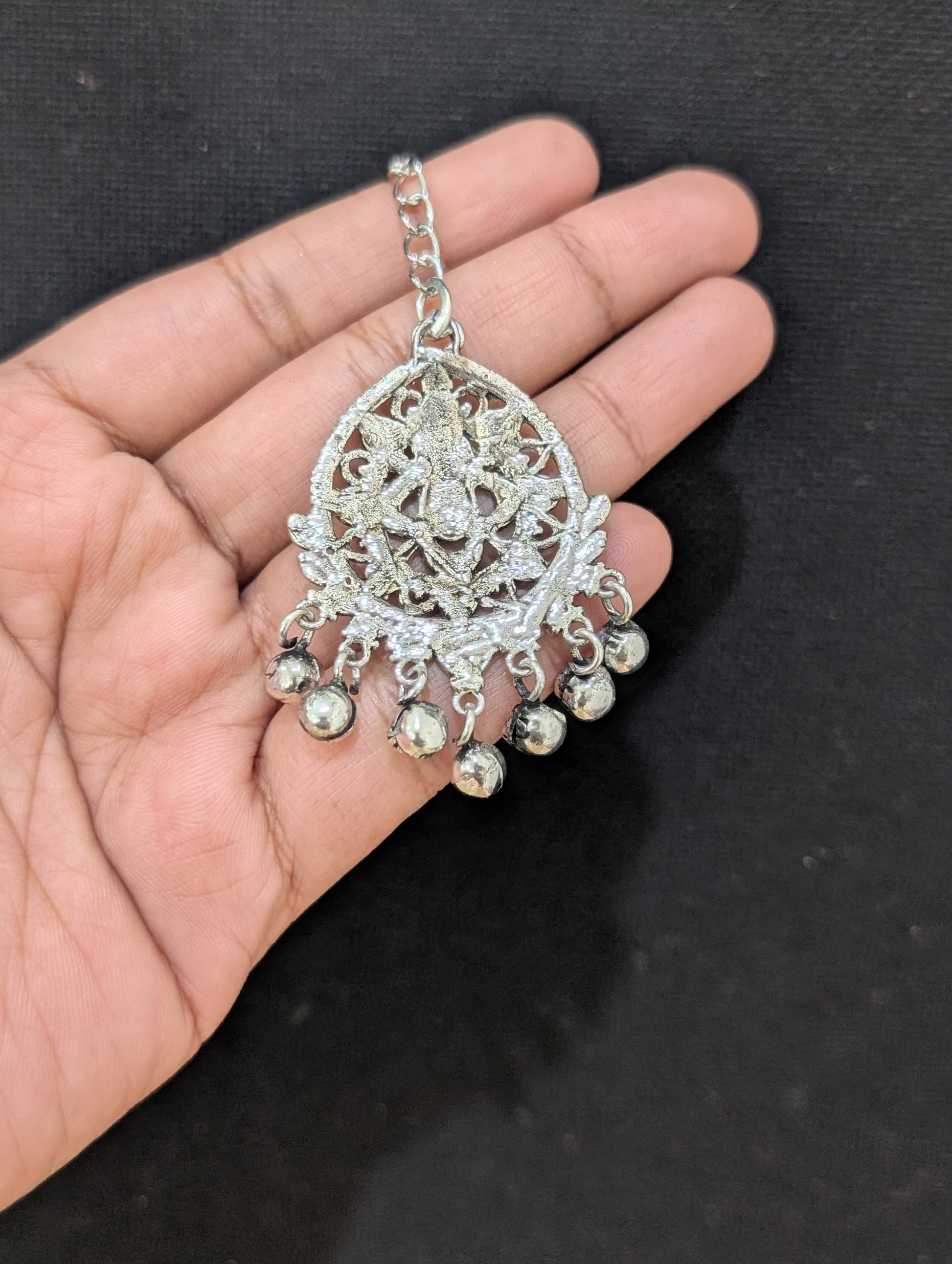 Oxidized Silver Blue enamel tear drop Maang Tikka - Simpliful