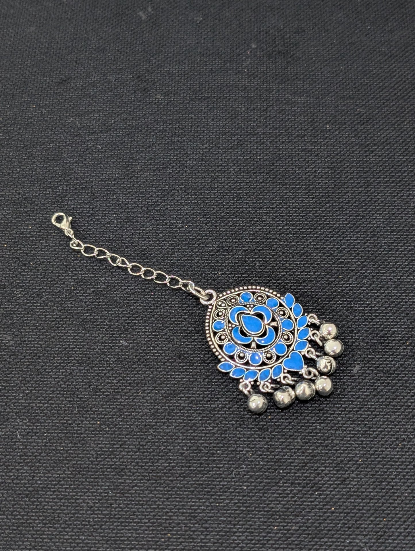 Oxidized Silver Blue enamel tear drop Maang Tikka - Simpliful