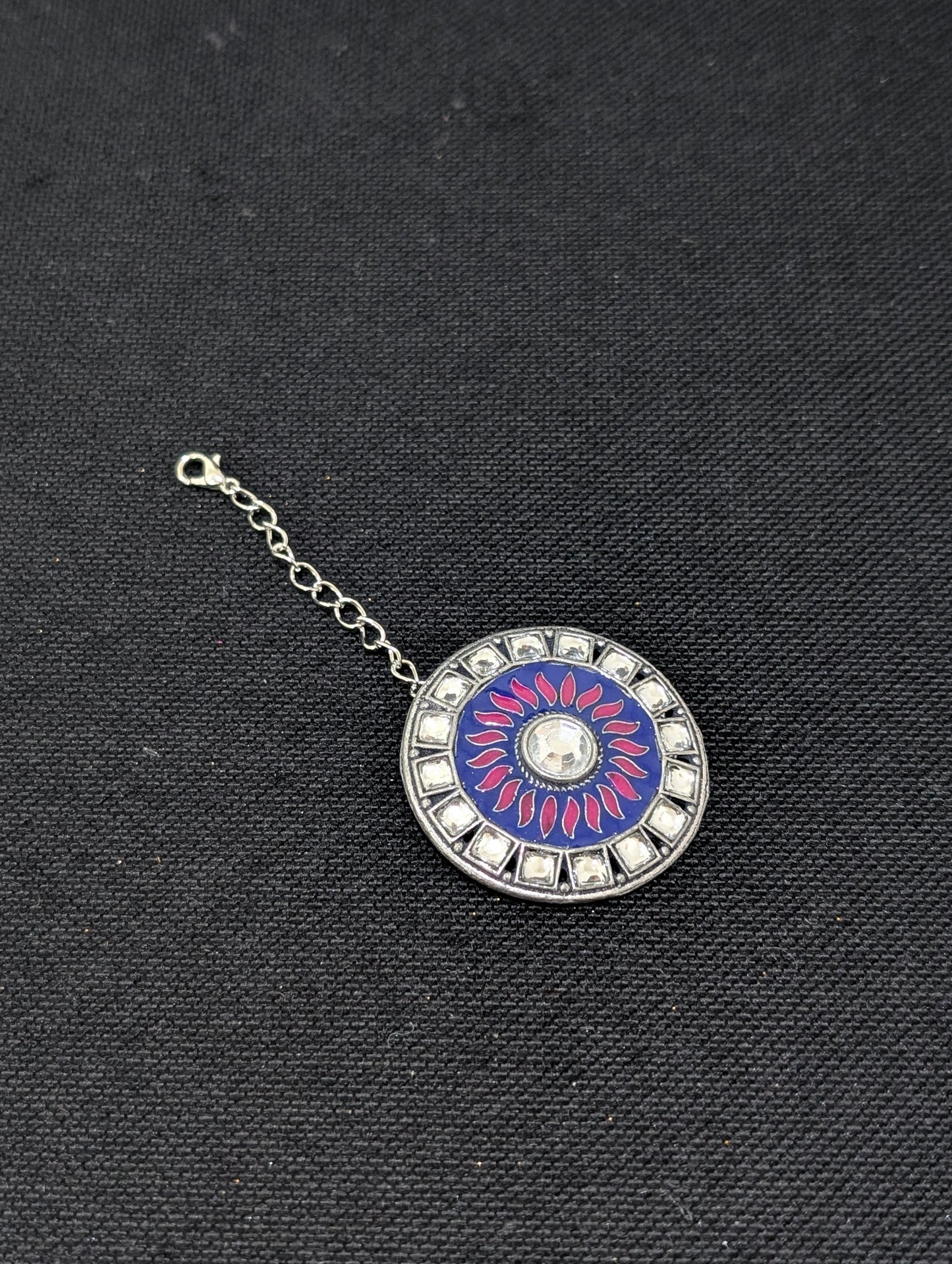 Oxidized silver Kundan stone Round Maang Tikka