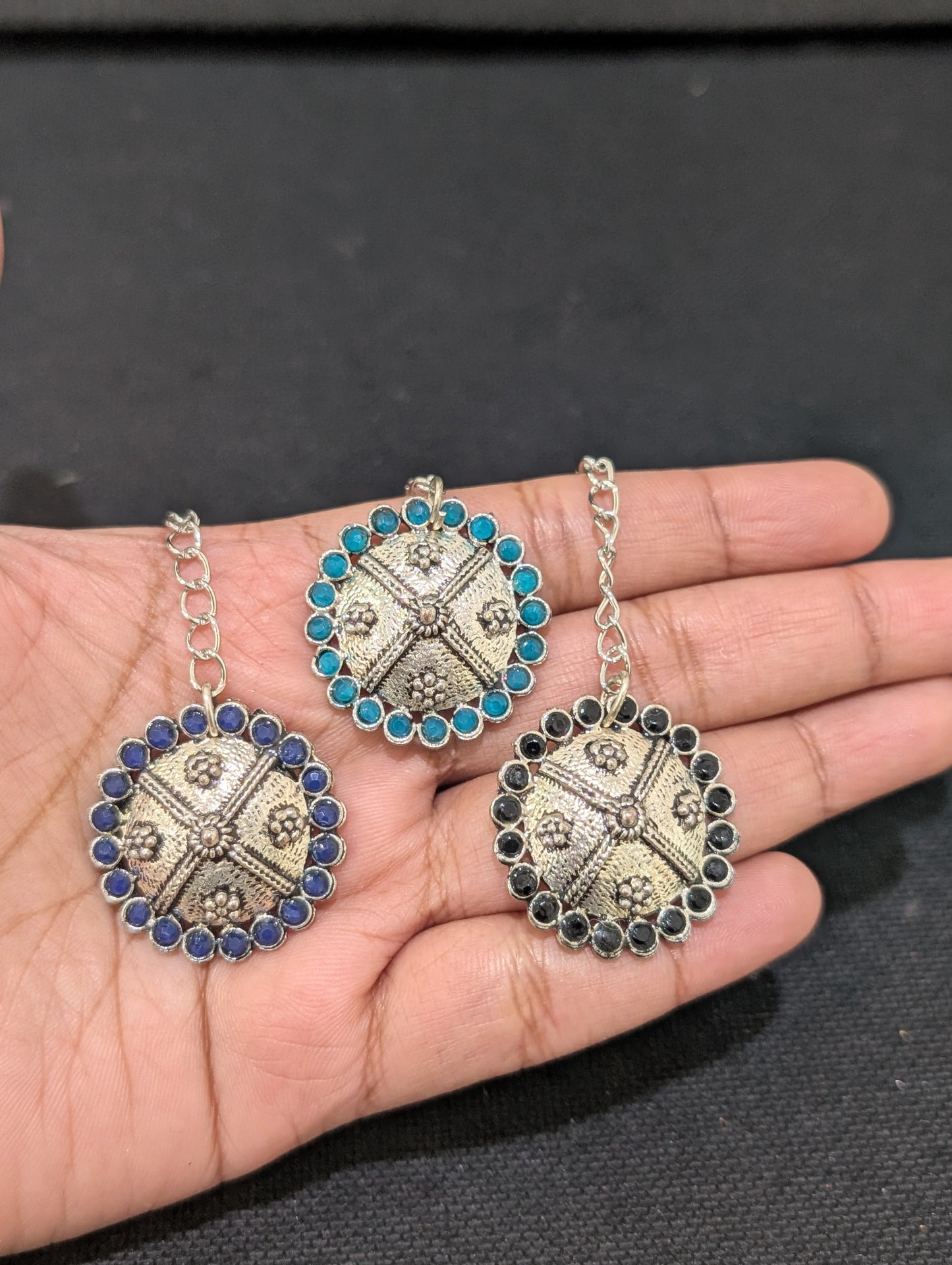 Oxidized silver Polki Small Maang Tikka