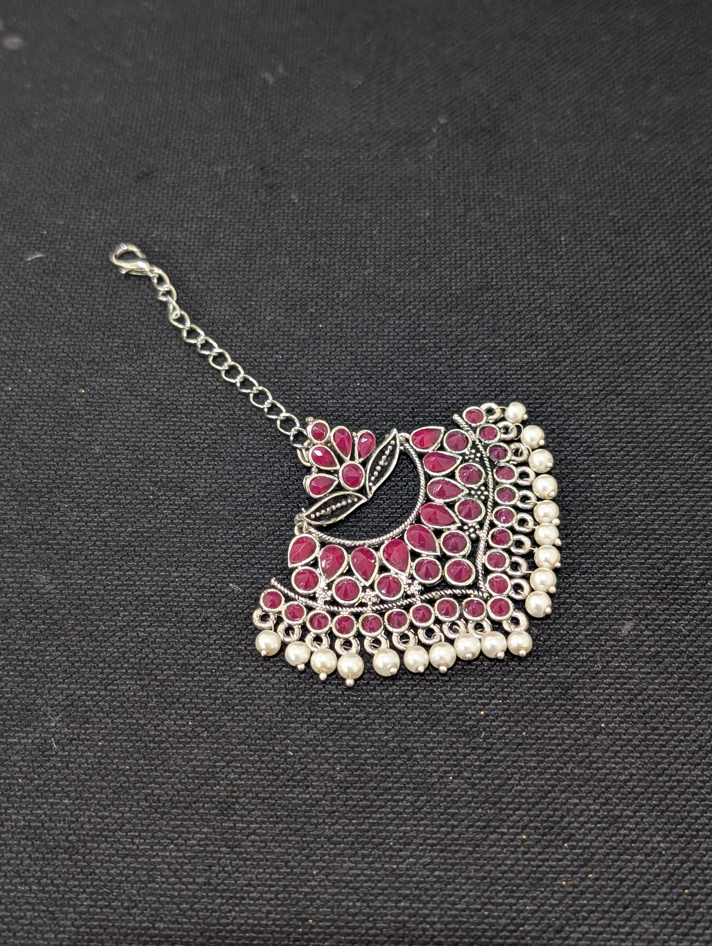 Oxidized silver Pink Polki Large Maang Tikka