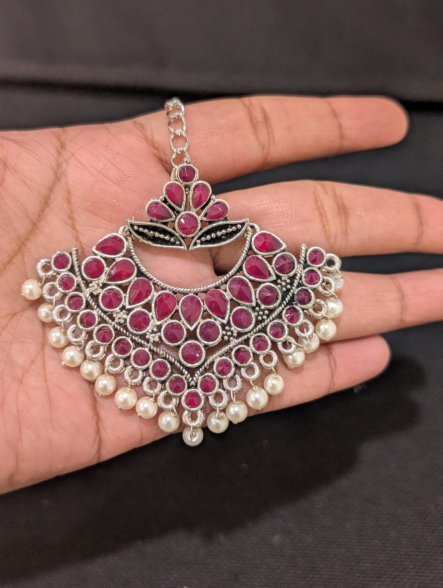 Oxidized silver Pink Polki Large Maang Tikka