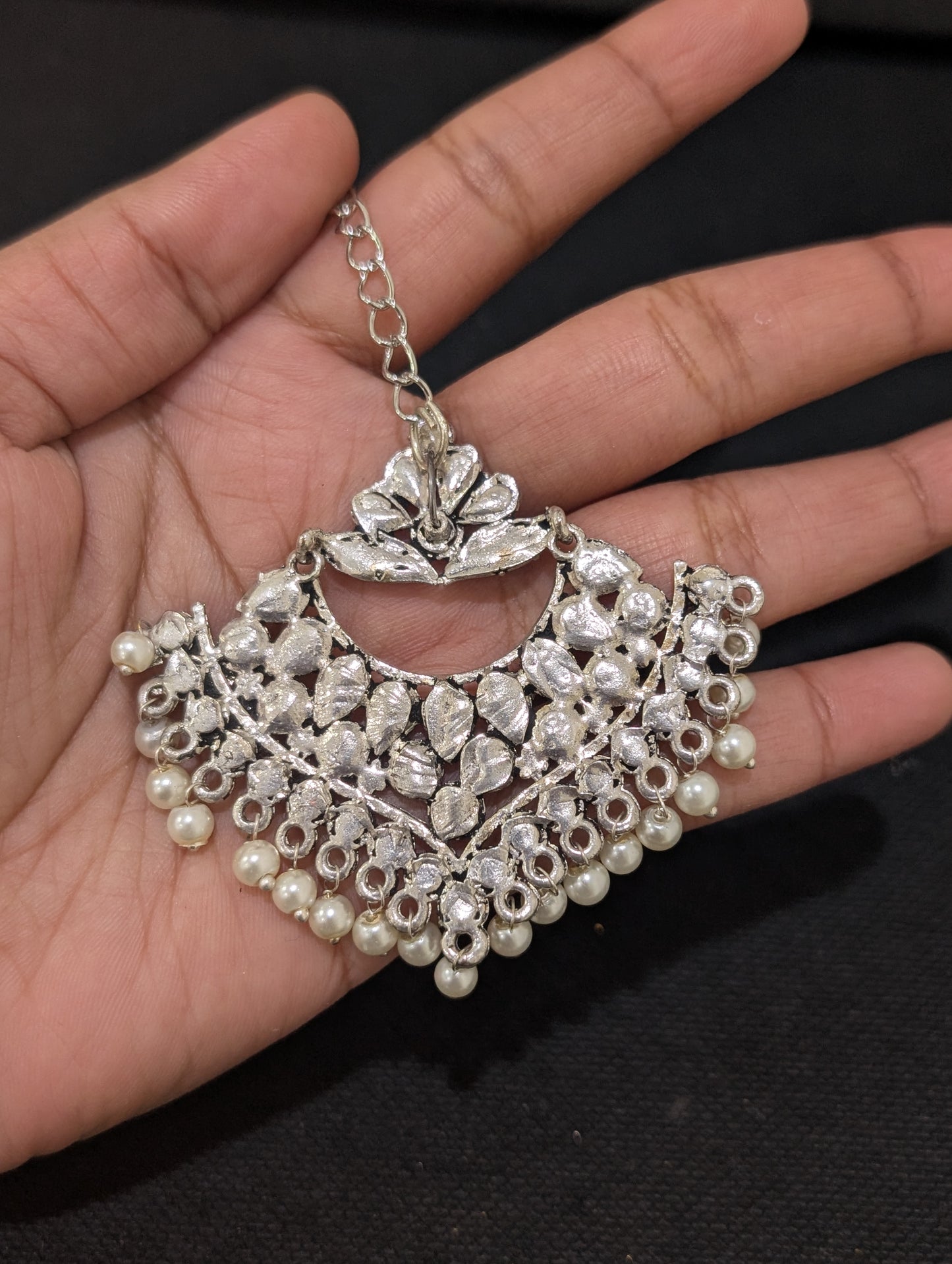 Oxidized silver Pink Polki Large Maang Tikka
