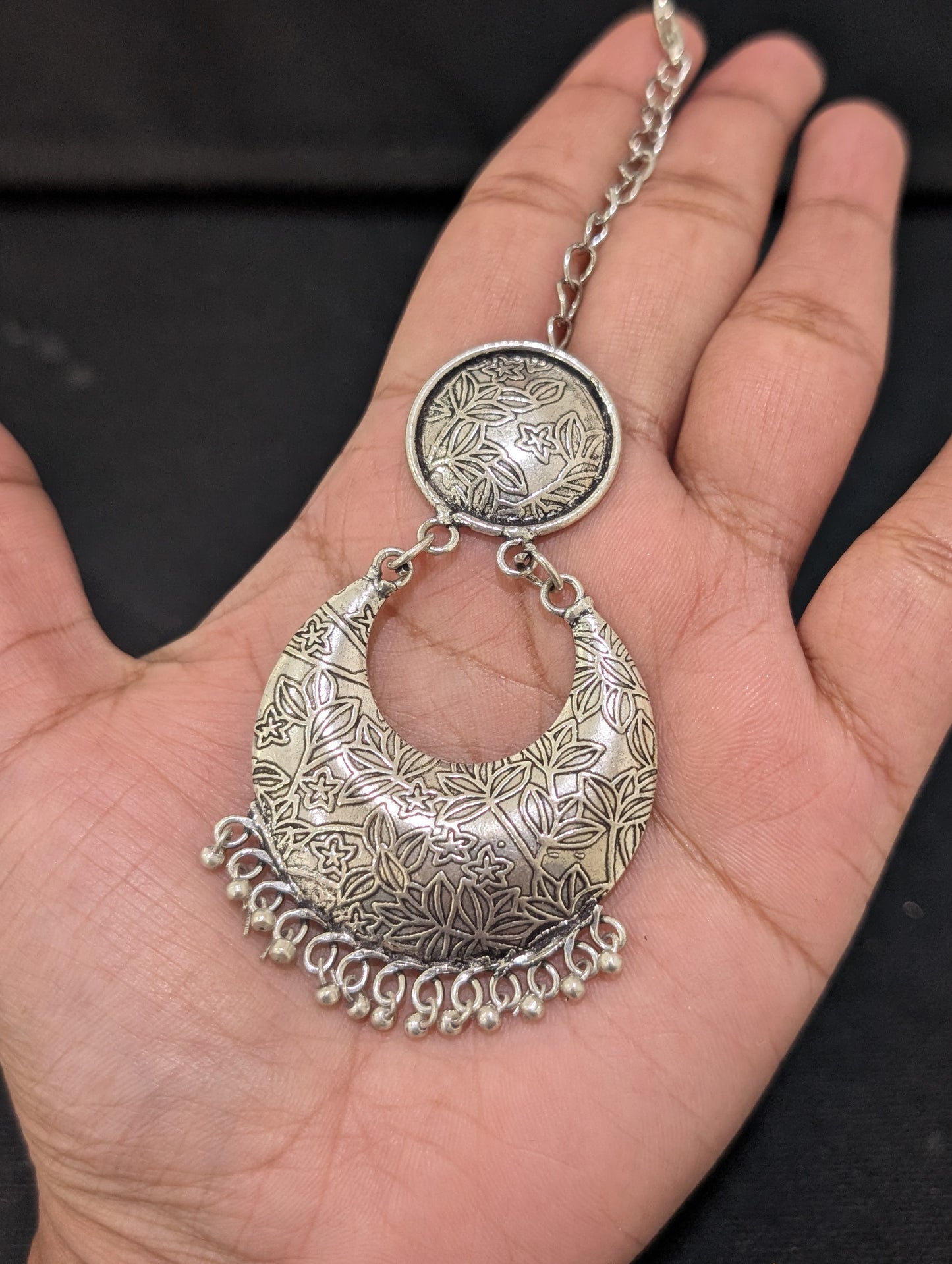 Oxidized Silver Large Chandbali Maang Tikka