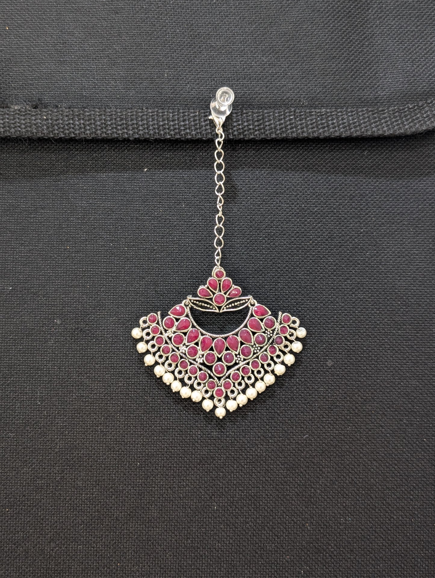 Oxidized silver Pink Polki Large Maang Tikka