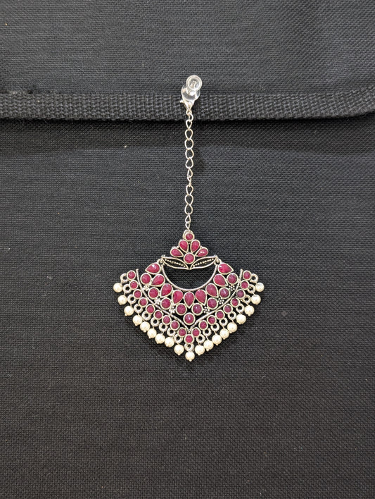 Oxidized silver Pink Polki Large Maang Tikka
