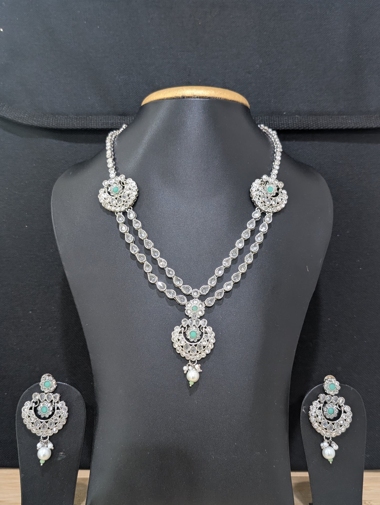 Mint green Polki Silver Rhodium plated Necklace Set