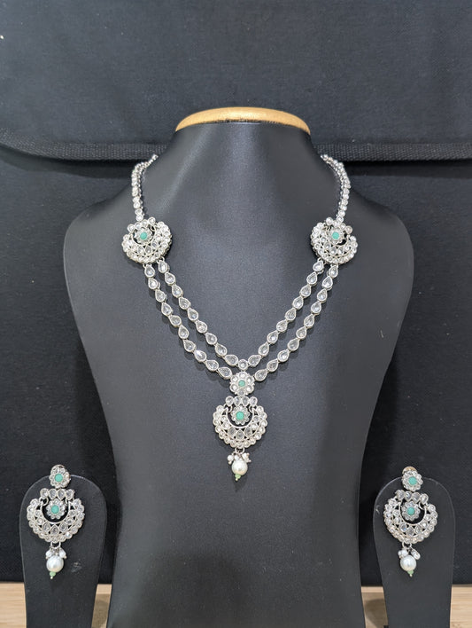 Mint green Polki Silver Rhodium plated Necklace Set