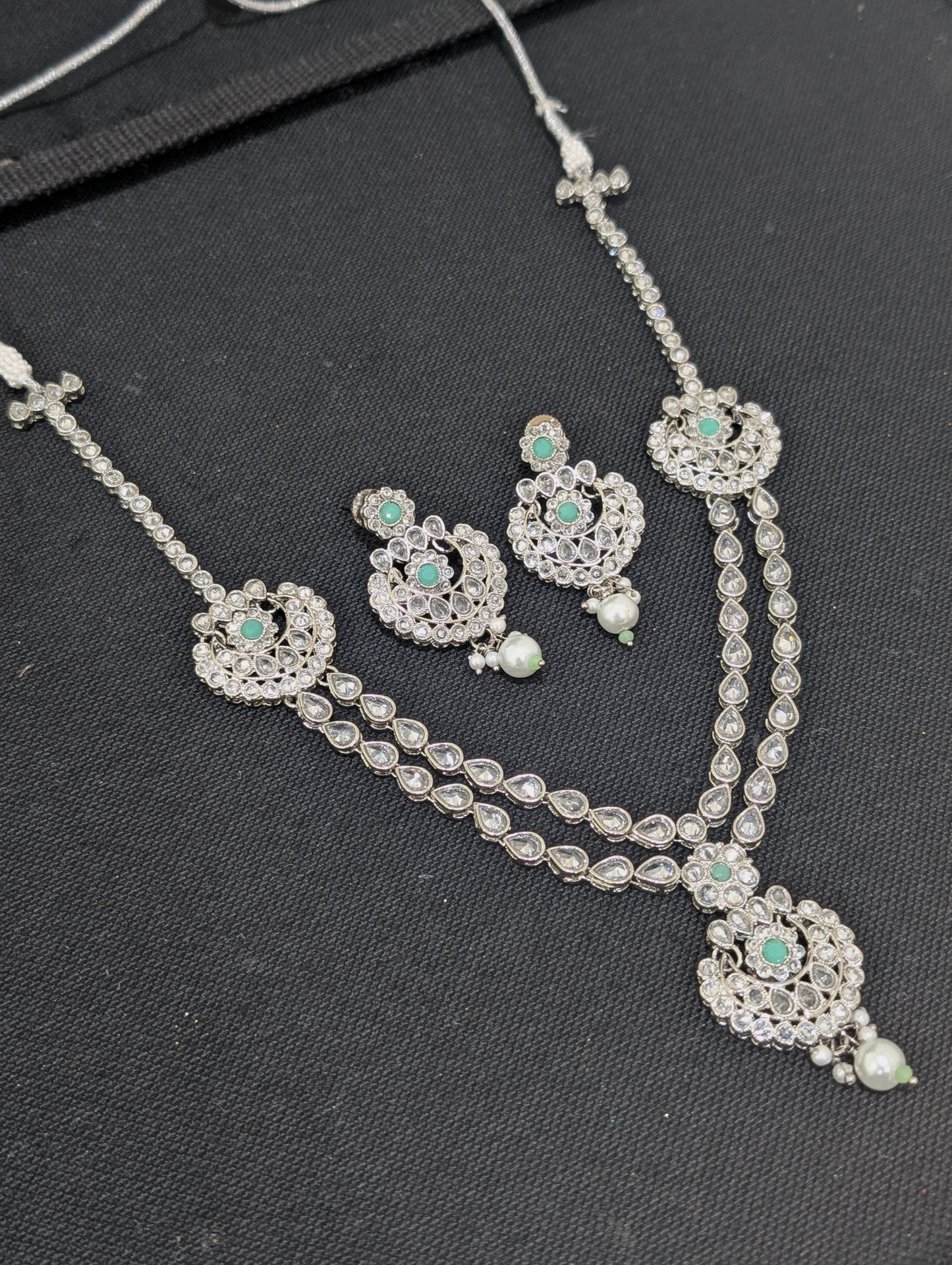 Mint green Polki Silver Rhodium plated Necklace Set