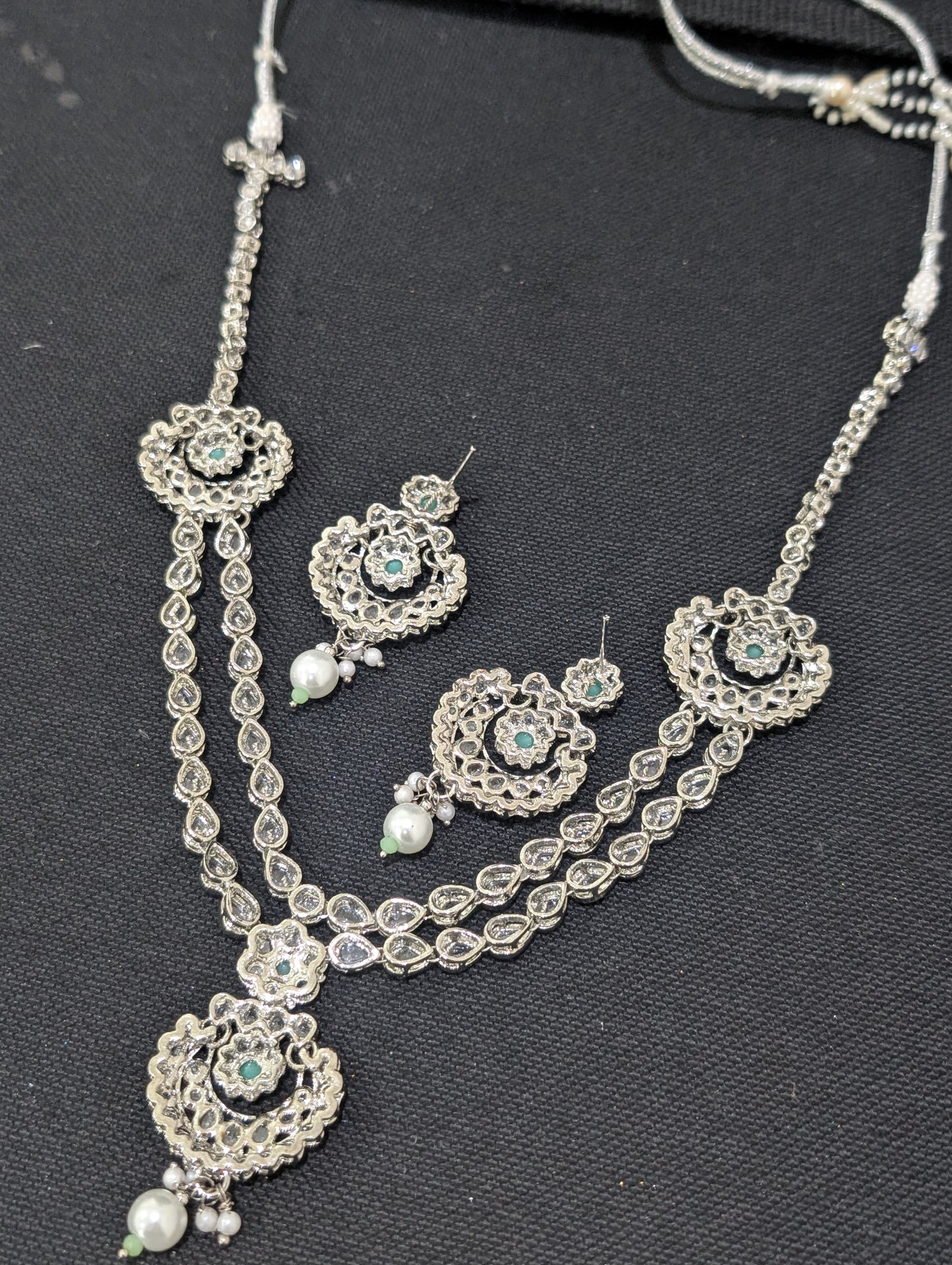 Mint green Polki Silver Rhodium plated Necklace Set