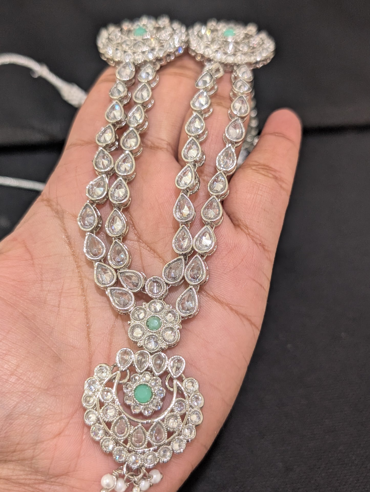 Mint green Polki Silver Rhodium plated Necklace Set