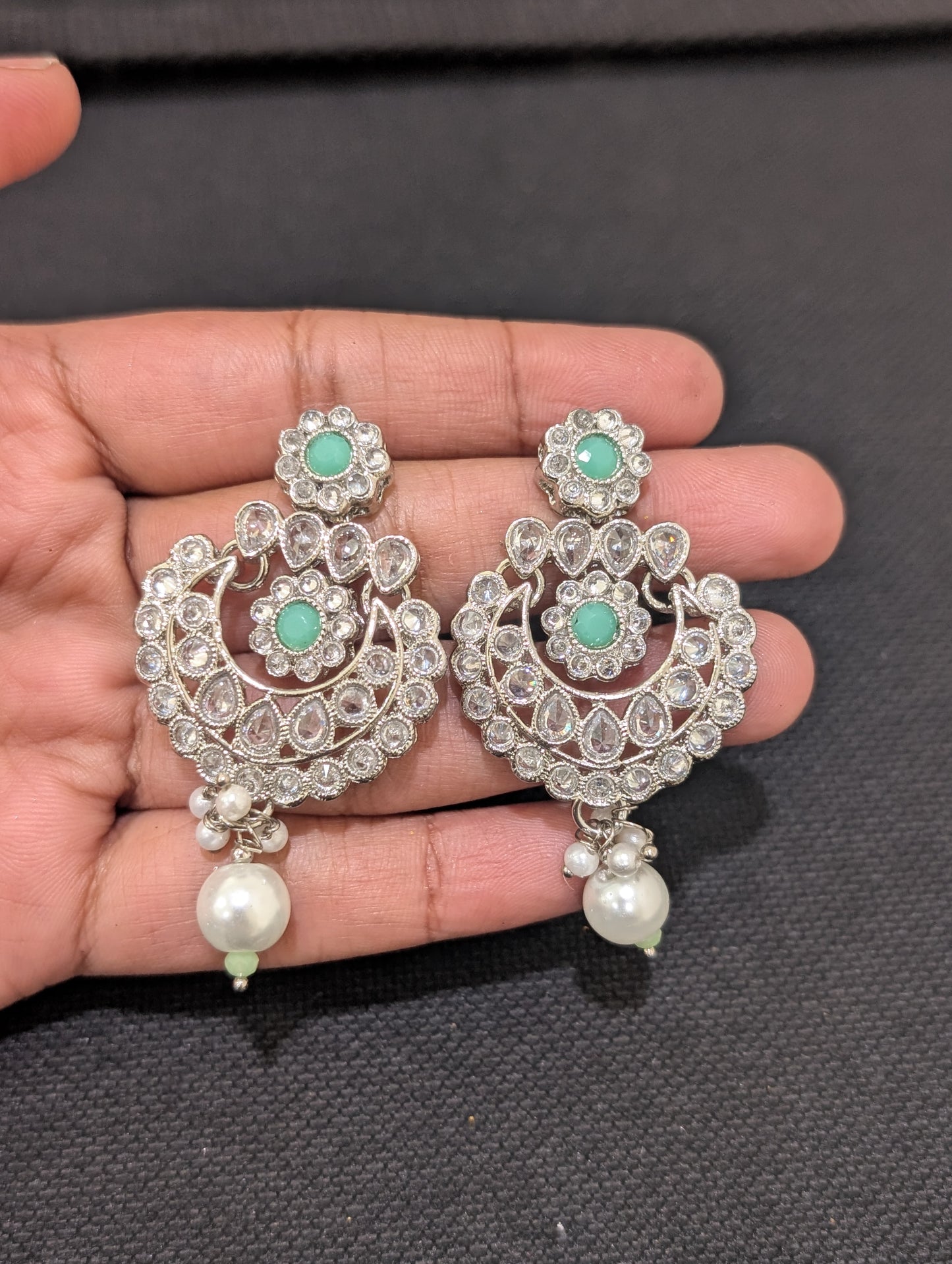 Mint green Polki Silver Rhodium plated Necklace Set