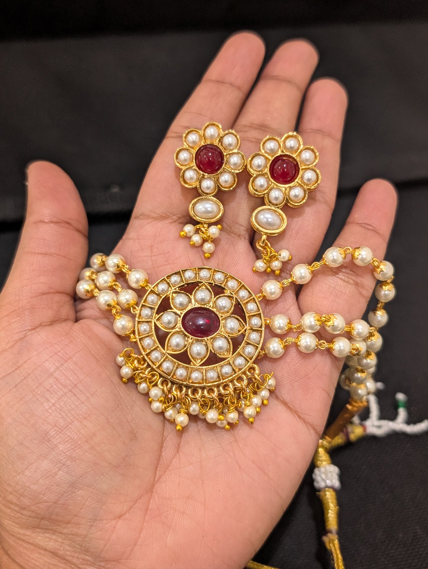 Triple pearl stranded Flower Center Chick Choker and Stud Earrings set