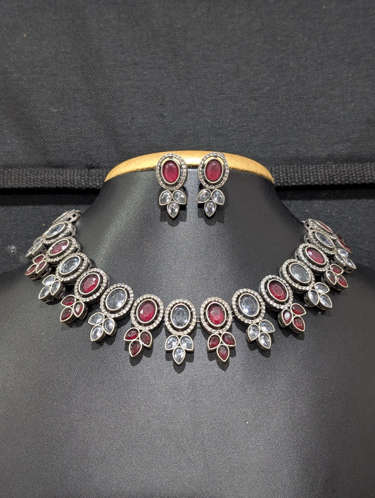 Oxidized silver CZ Choker Necklace Set