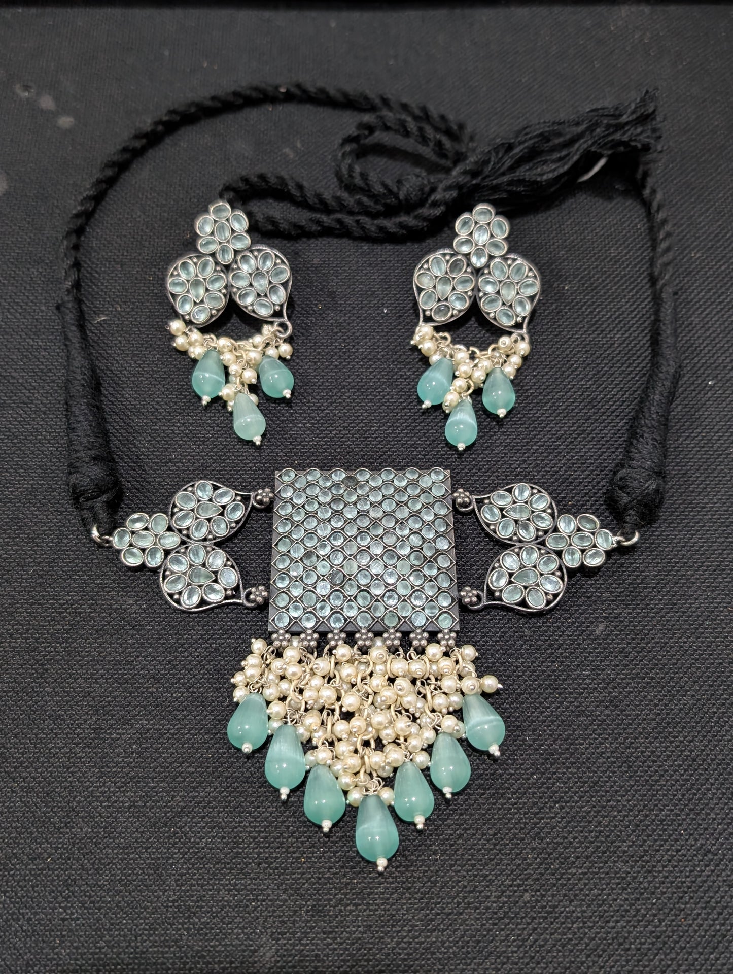 Oxidized Silver CZ choker necklace and earrings set