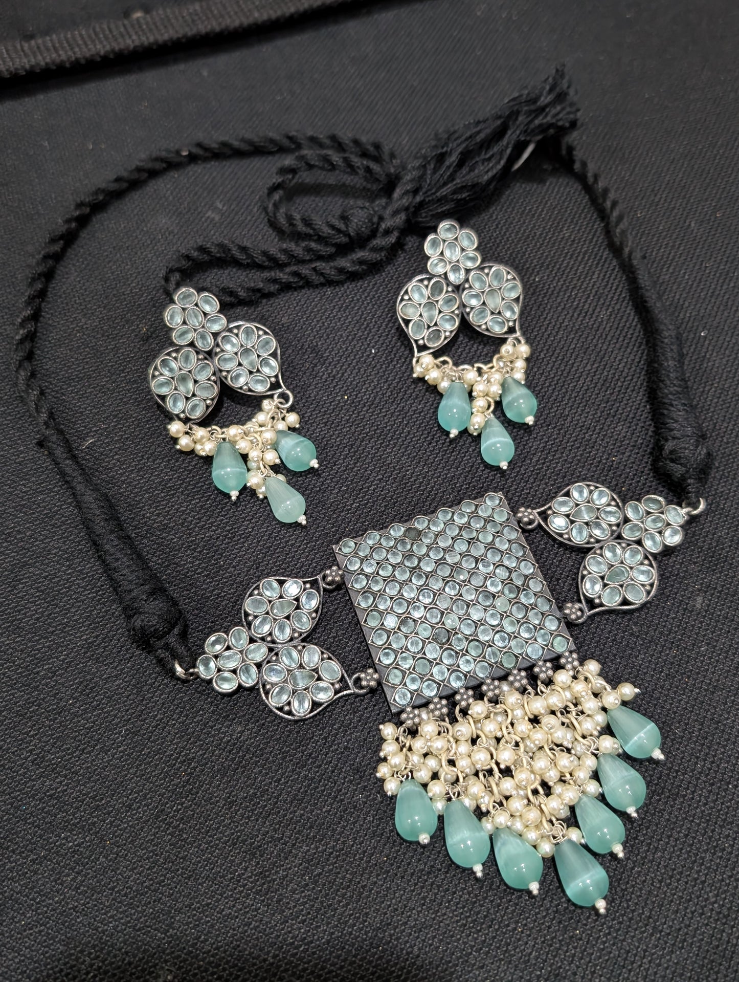 Oxidized Silver CZ choker necklace and earrings set