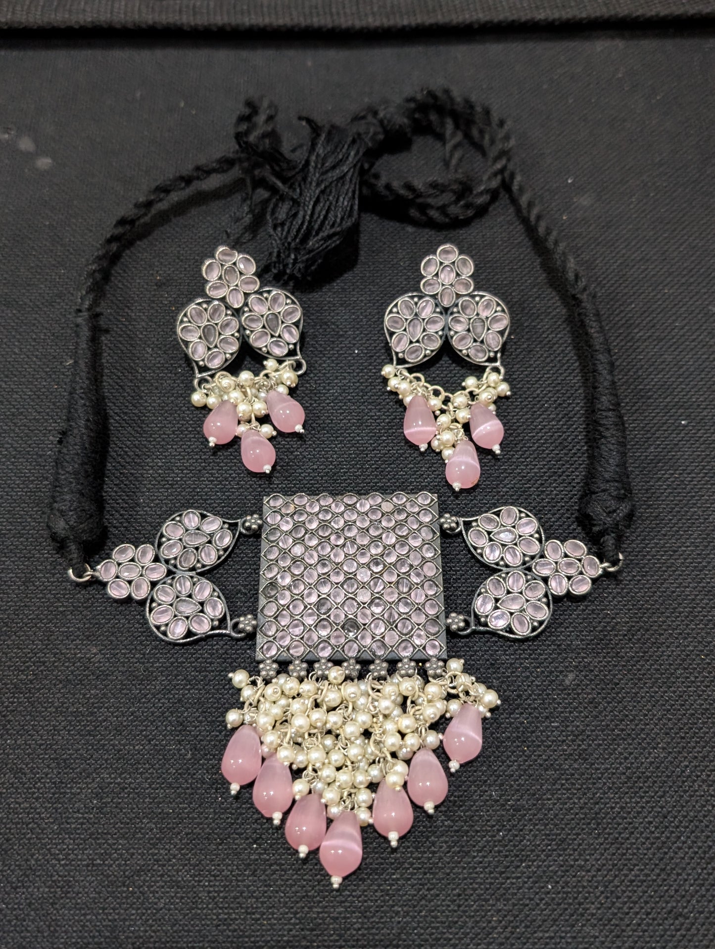 Oxidized Silver CZ choker necklace and earrings set