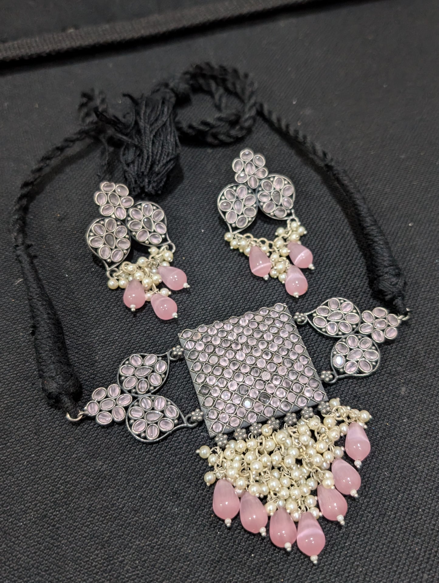 Oxidized Silver CZ choker necklace and earrings set
