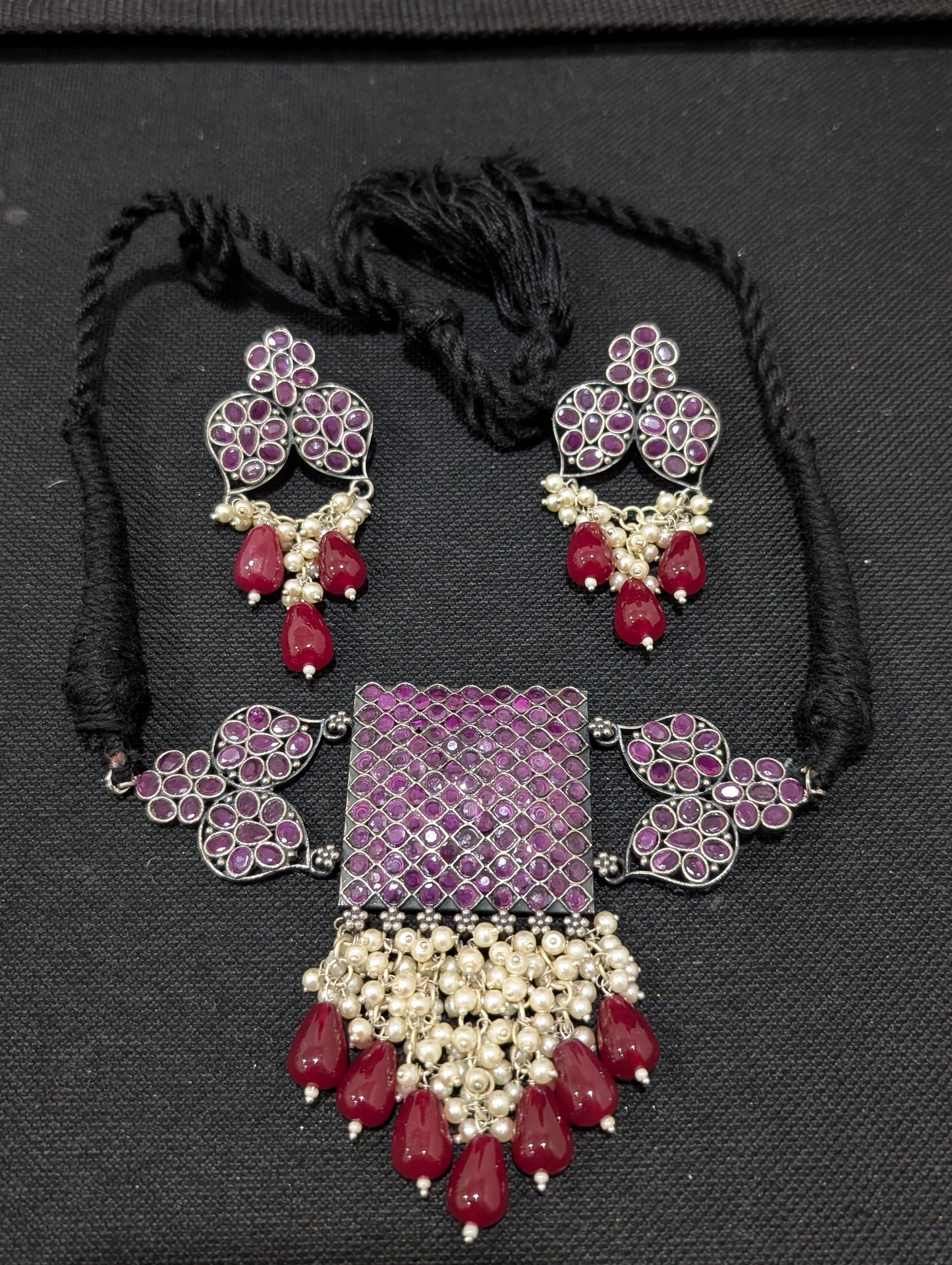 Oxidized Silver CZ choker necklace and earrings set
