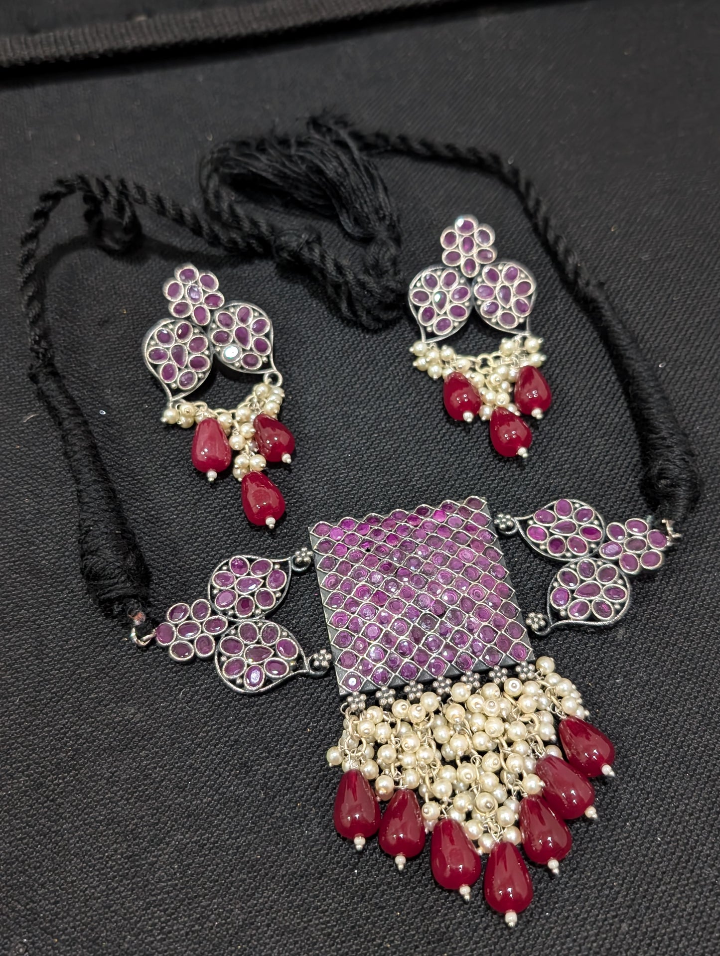 Oxidized Silver CZ choker necklace and earrings set