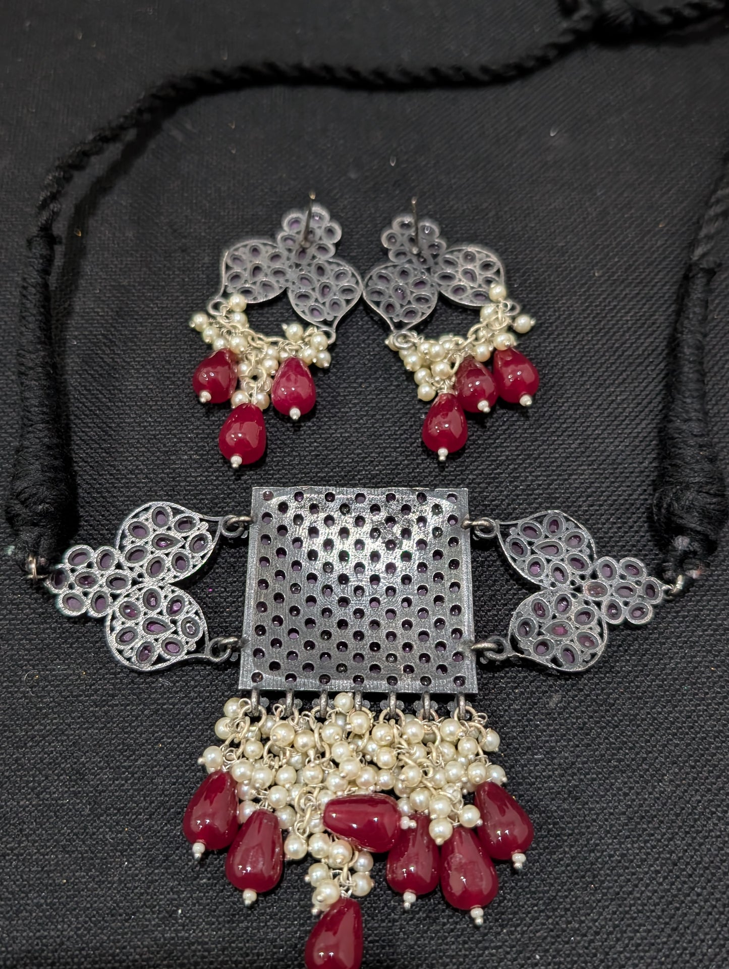 Oxidized Silver CZ choker necklace and earrings set