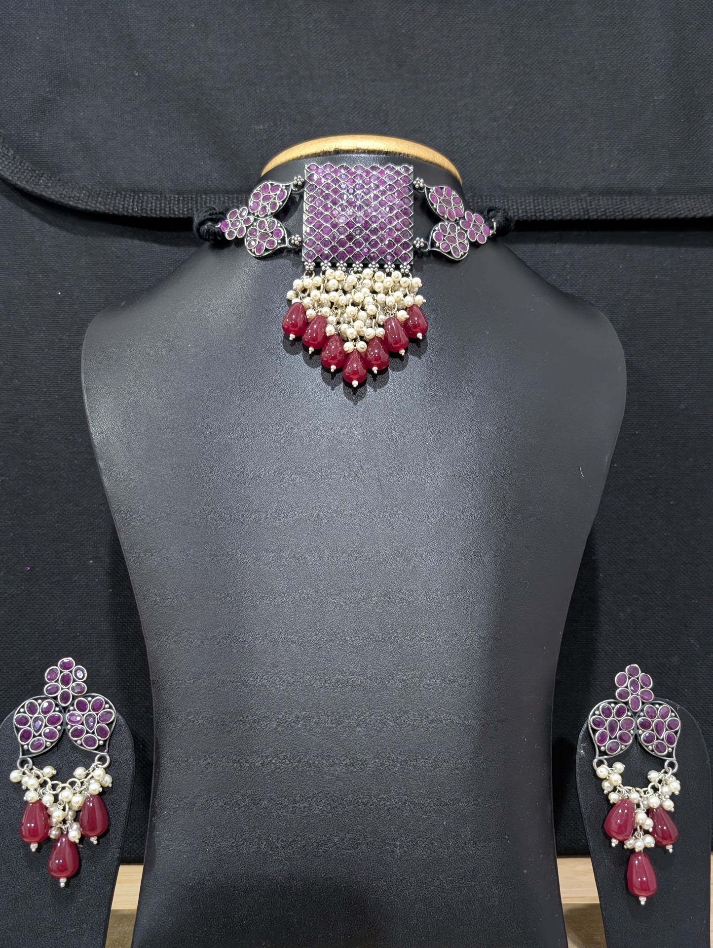 Oxidized Silver CZ choker necklace and earrings set