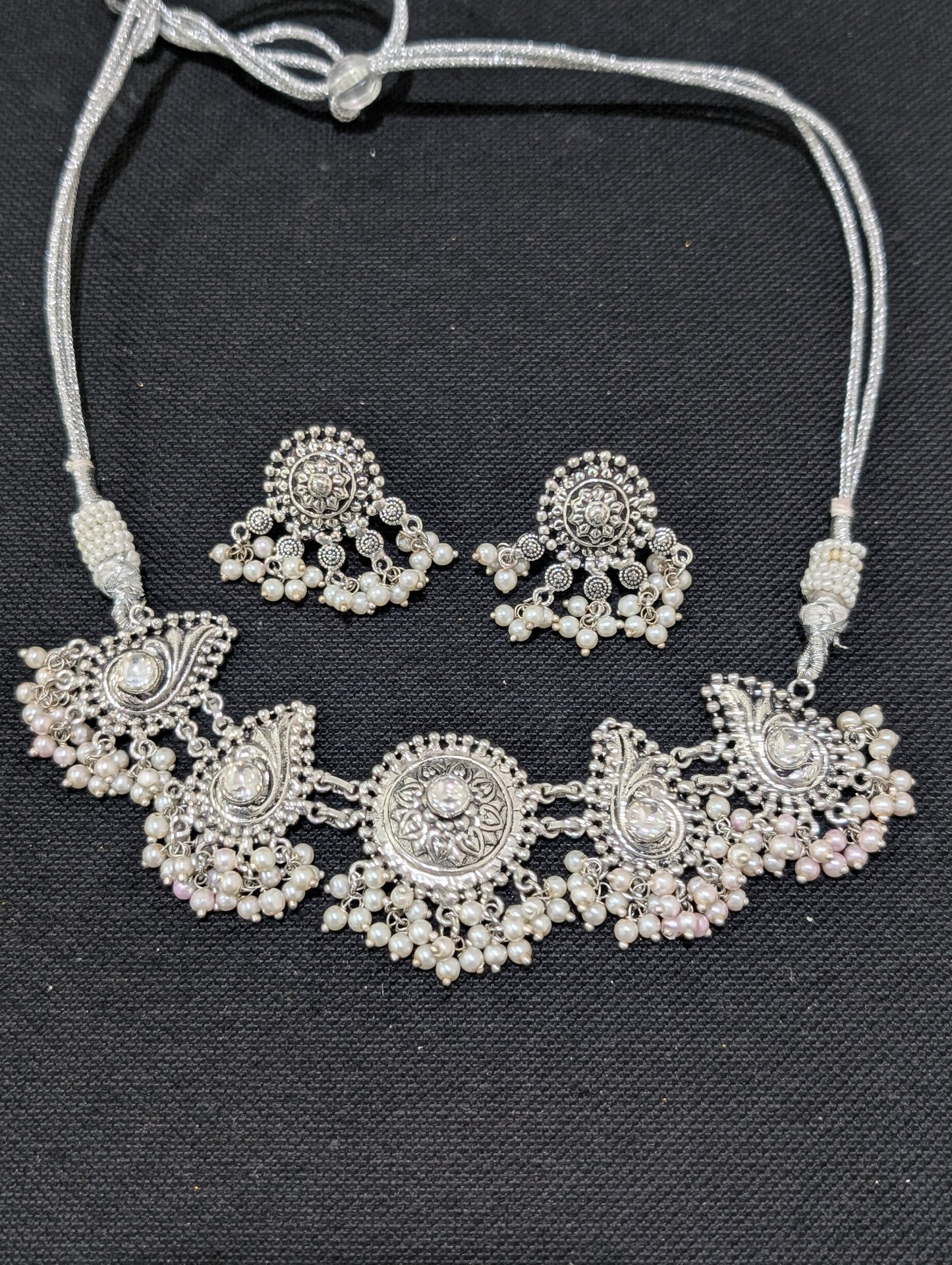 Oxidized Silver pearl cluster bead dangle Choker set