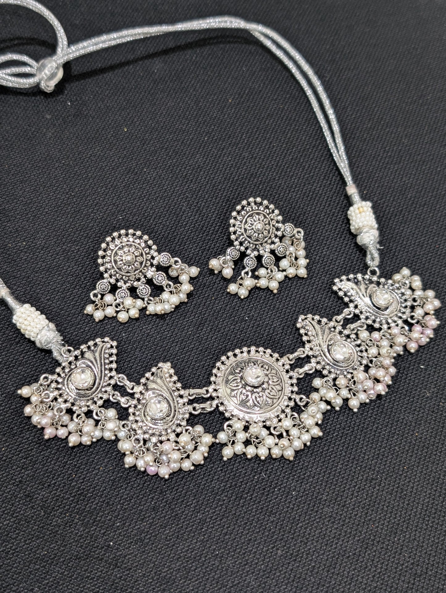 Oxidized Silver pearl cluster bead dangle Choker set