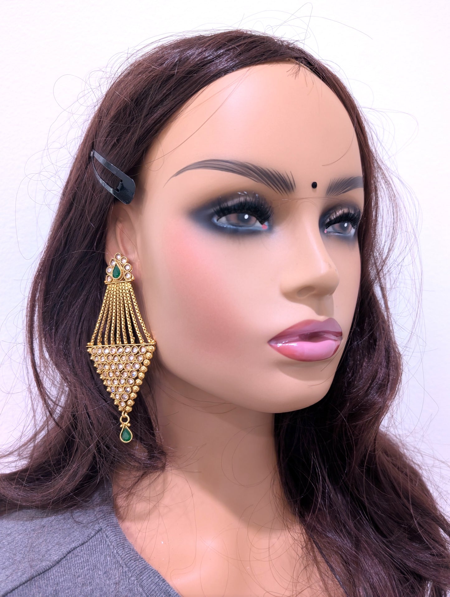 Antique gold polished inverted triangle dangling polki stone long earring - Simpliful