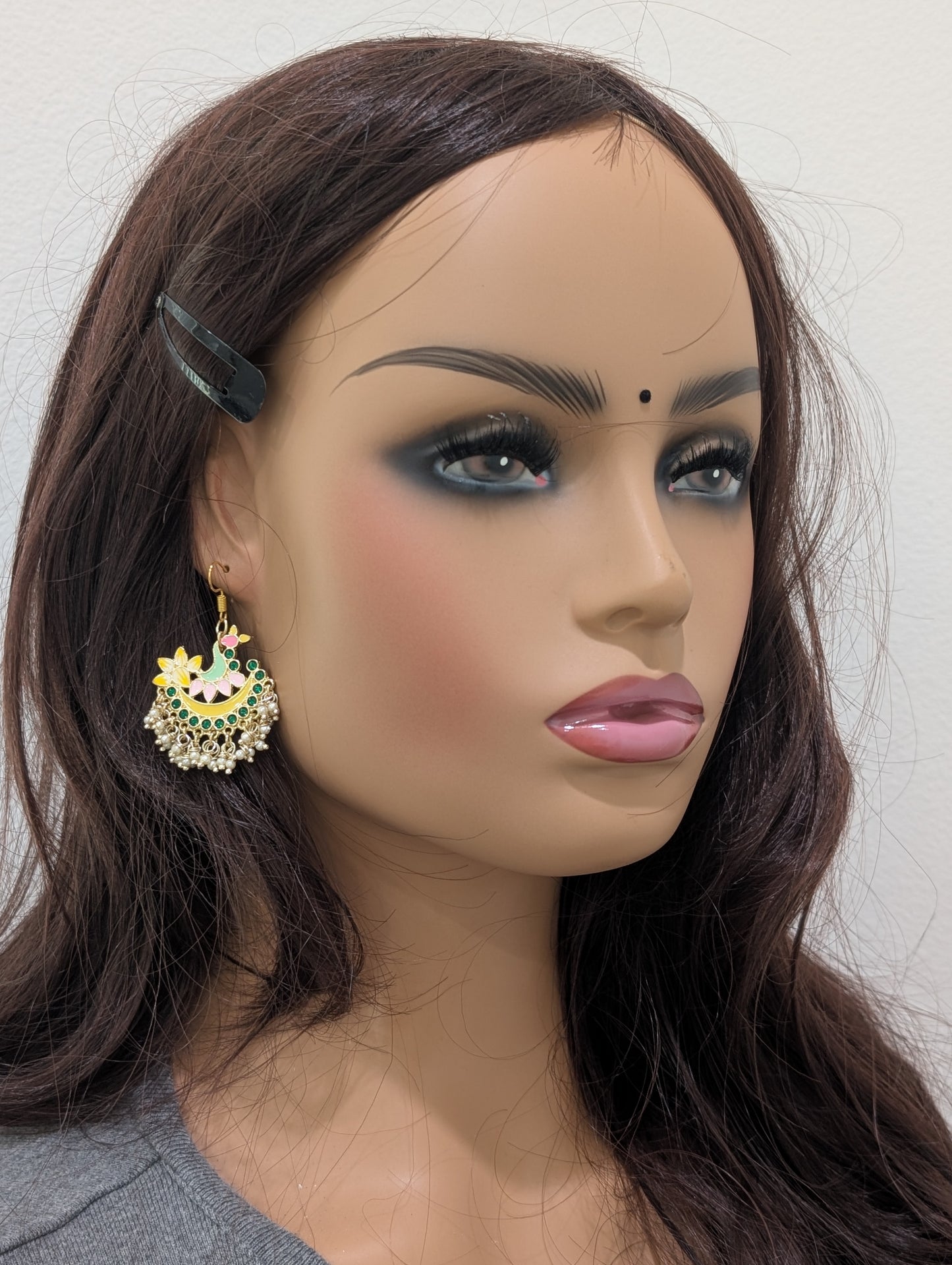 Peacock Pearl cluster hook drop Enamel Earrings