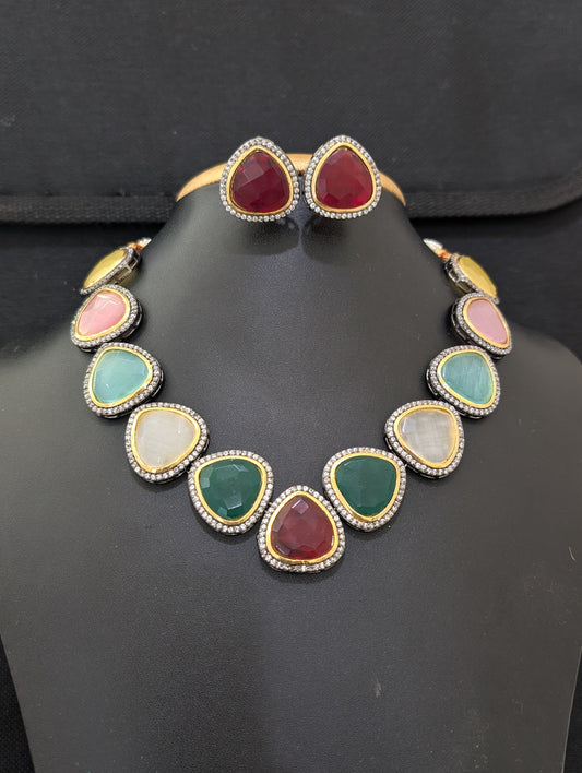 Colorful  Resin bead Black Rhodium necklace and earrings set