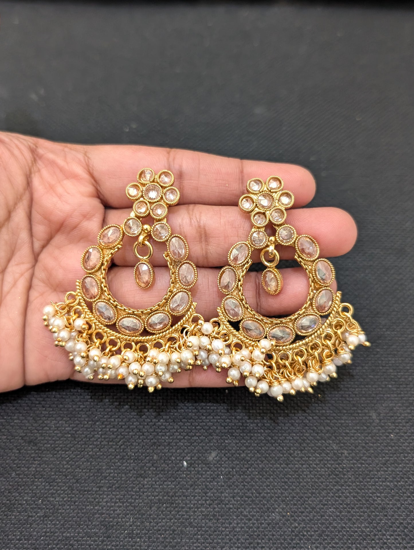 Pearl cluster bead dangle Polki Grand Choker Necklace and Earrings set