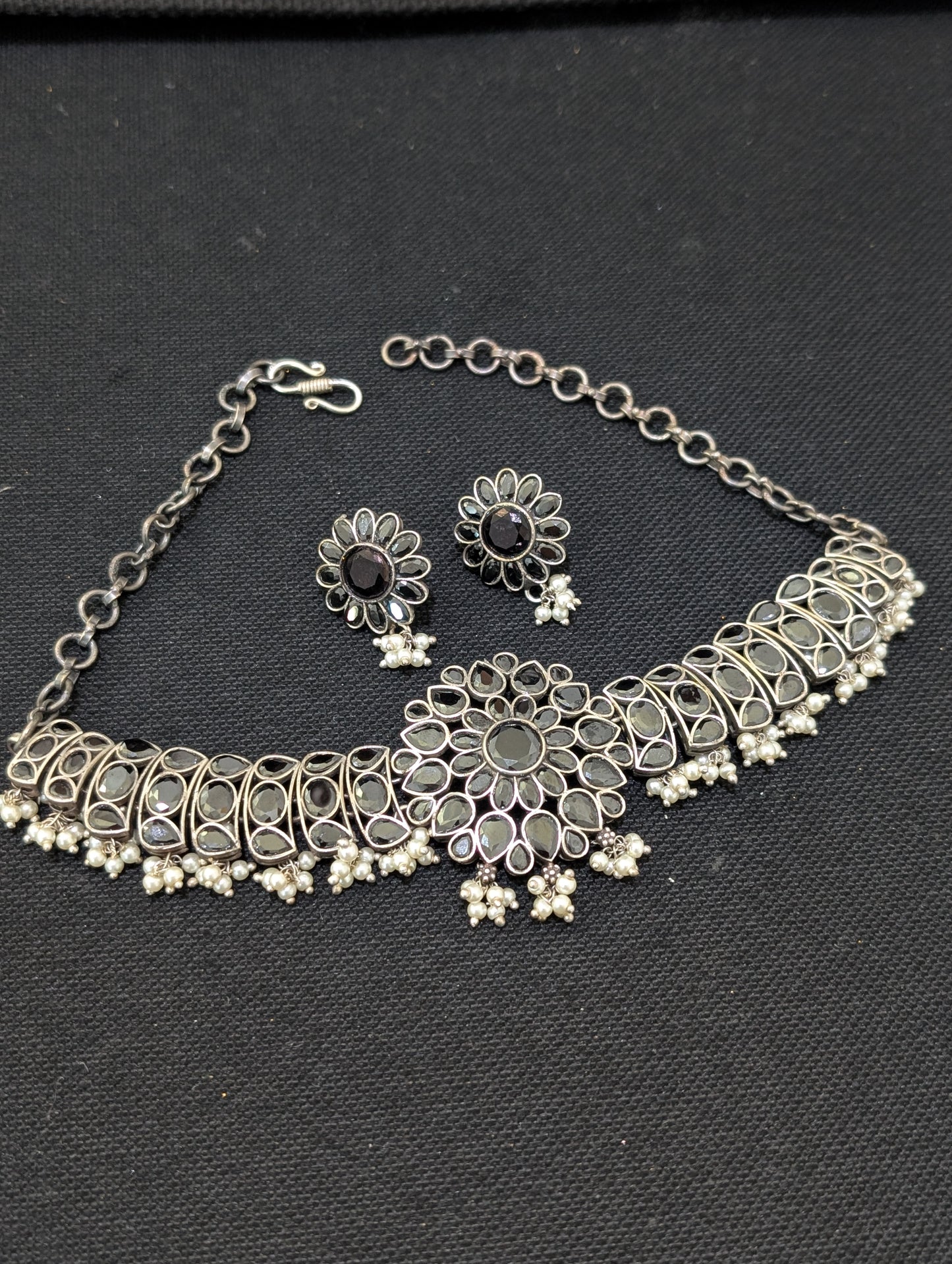 Guttapusalu CZ stone oxidized silver Choker Necklace and Stud Earrings set