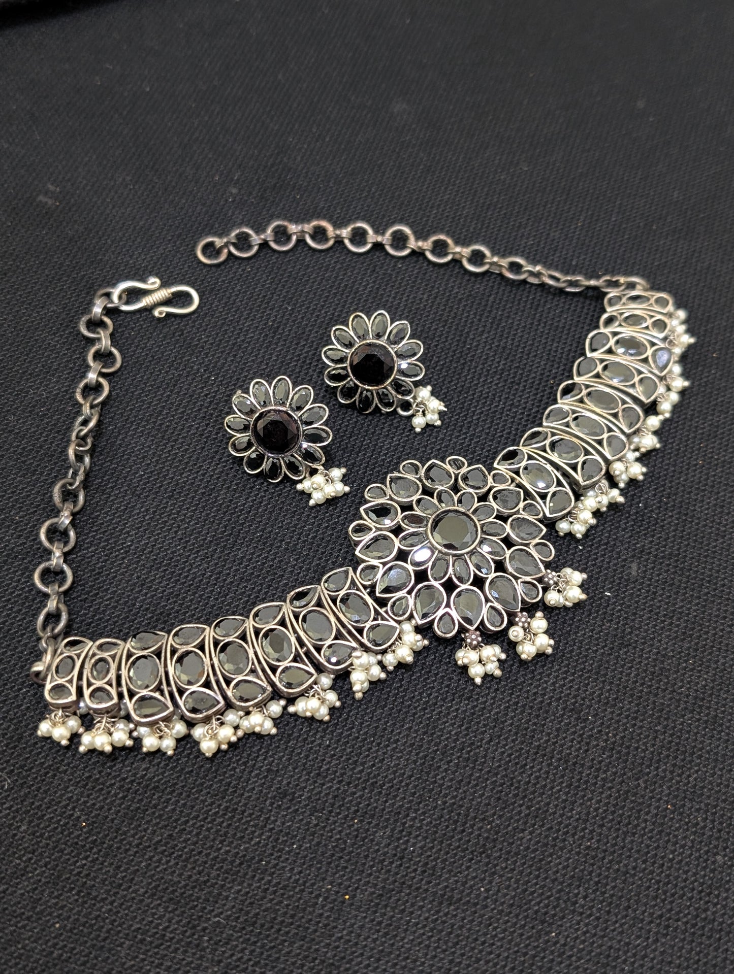 Guttapusalu CZ stone oxidized silver Choker Necklace and Stud Earrings set