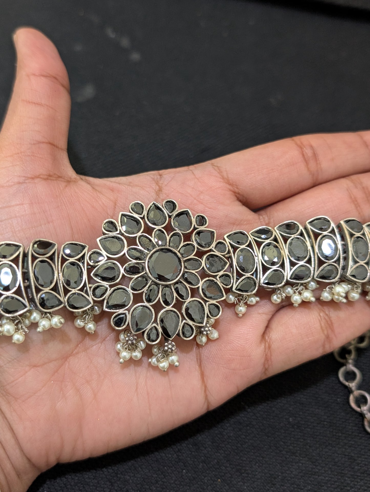 Guttapusalu CZ stone oxidized silver Choker Necklace and Stud Earrings set