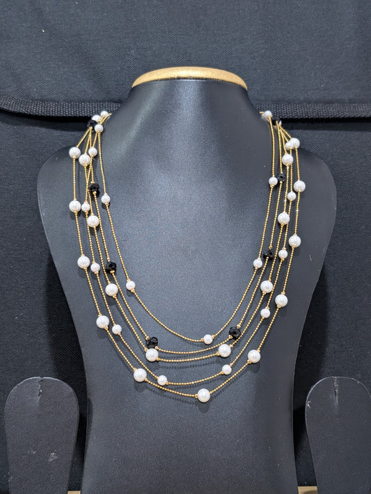Multi stranded pearl and black bead chain necklace for western wear - Simpliful