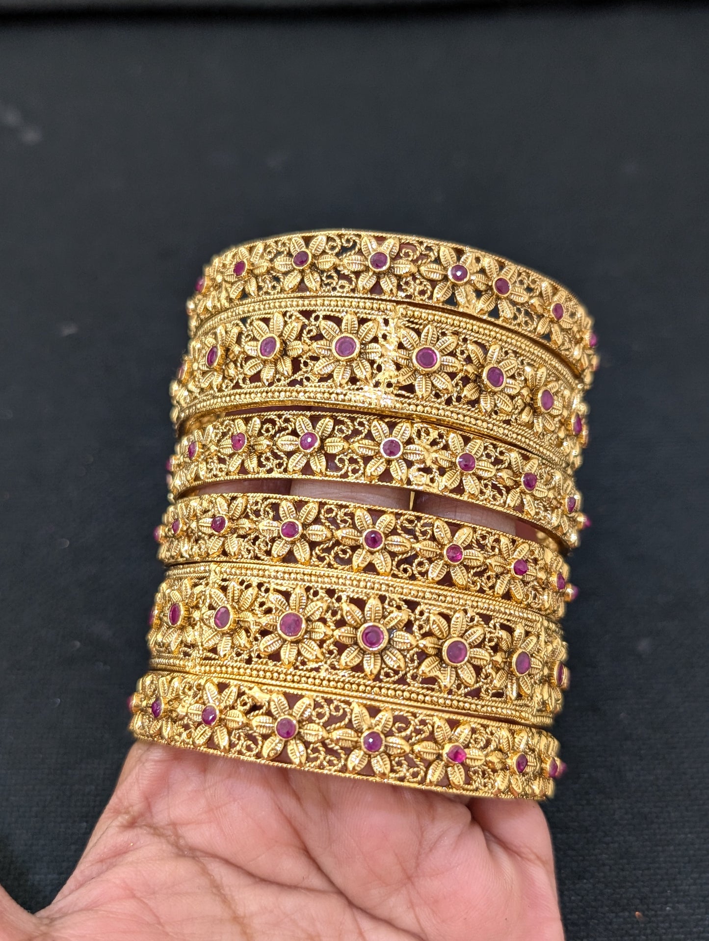 Gold plated Flower design Polki bangles - Set of 6