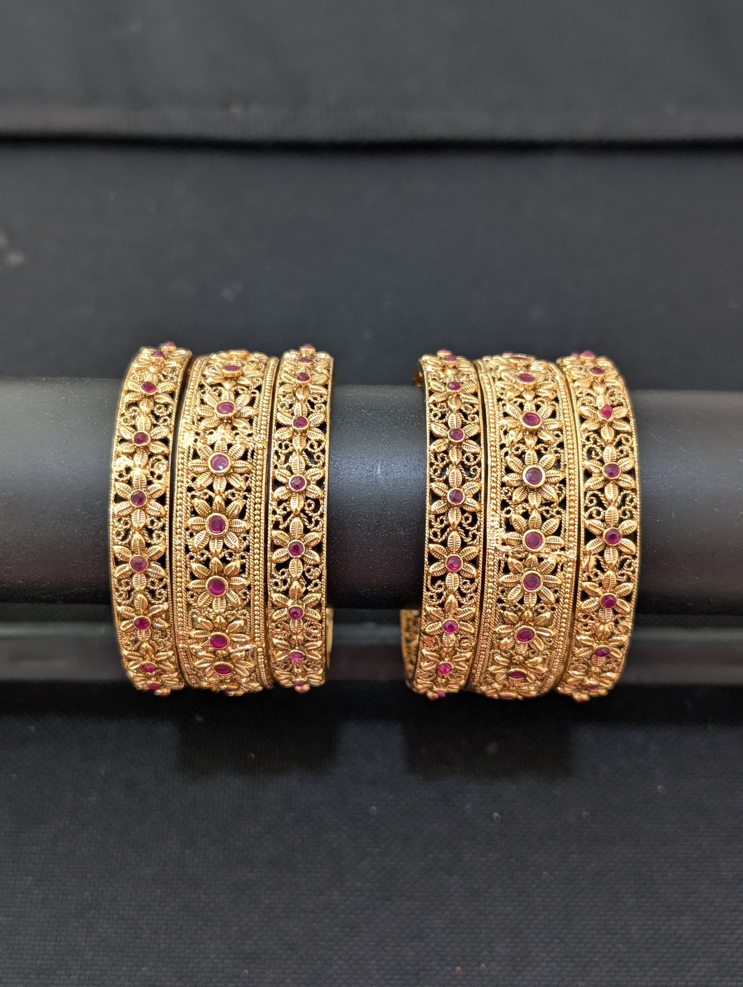 Gold plated Flower design Polki bangles - Set of 6