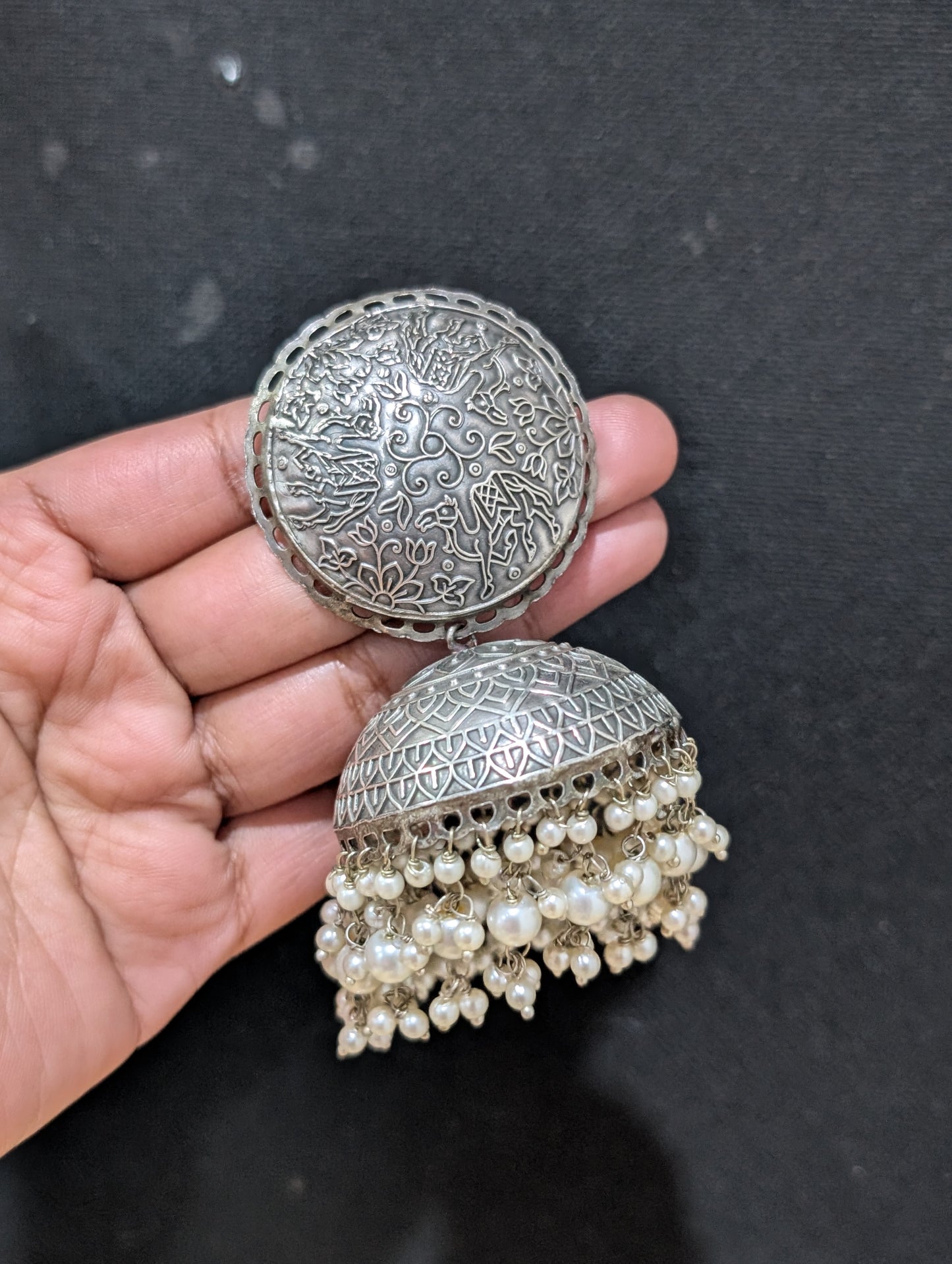 Oxidized silver XXL size Jhumka earrings