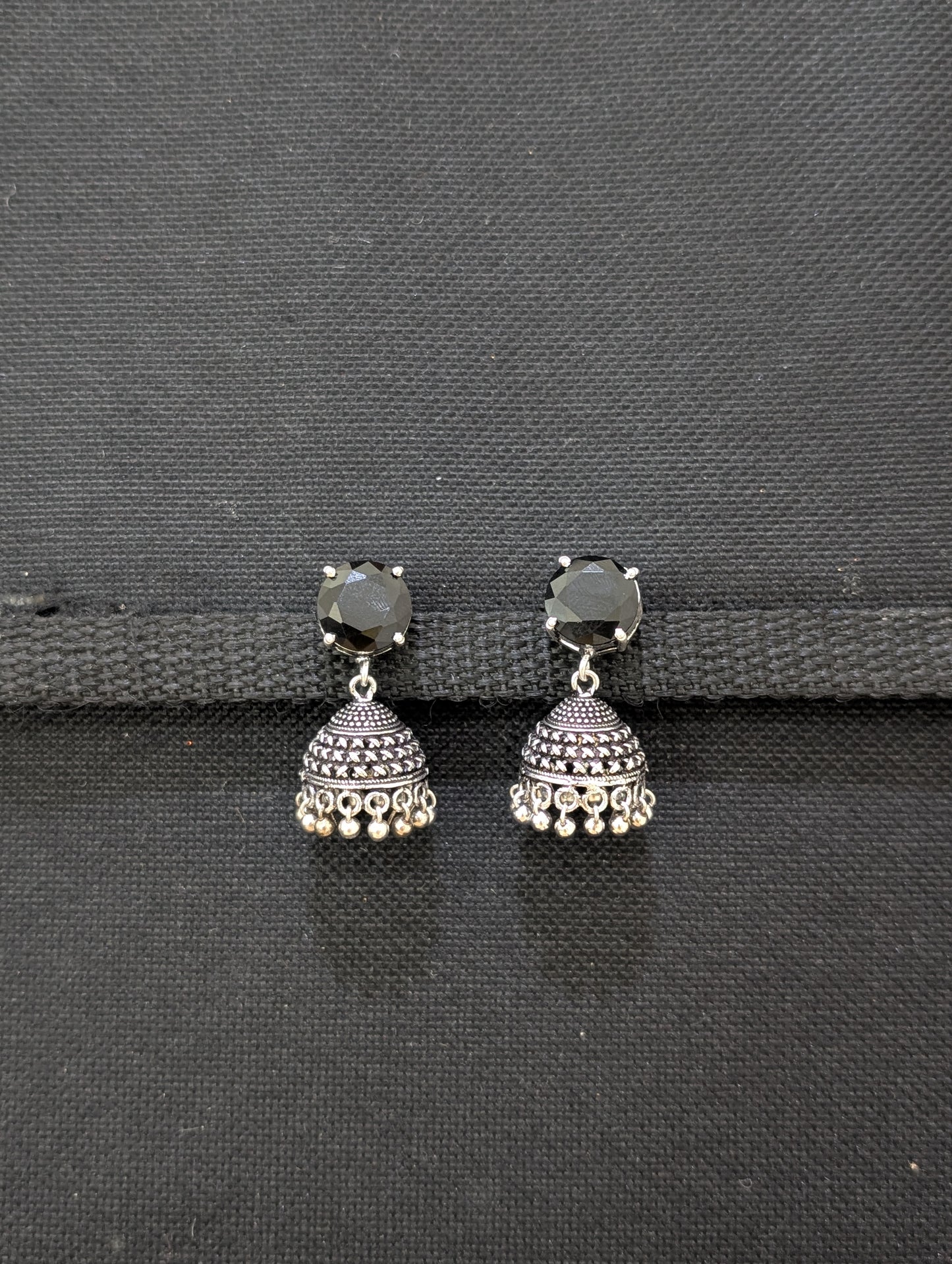 Oxidized silver CZ stone Jhumka earrings - D1