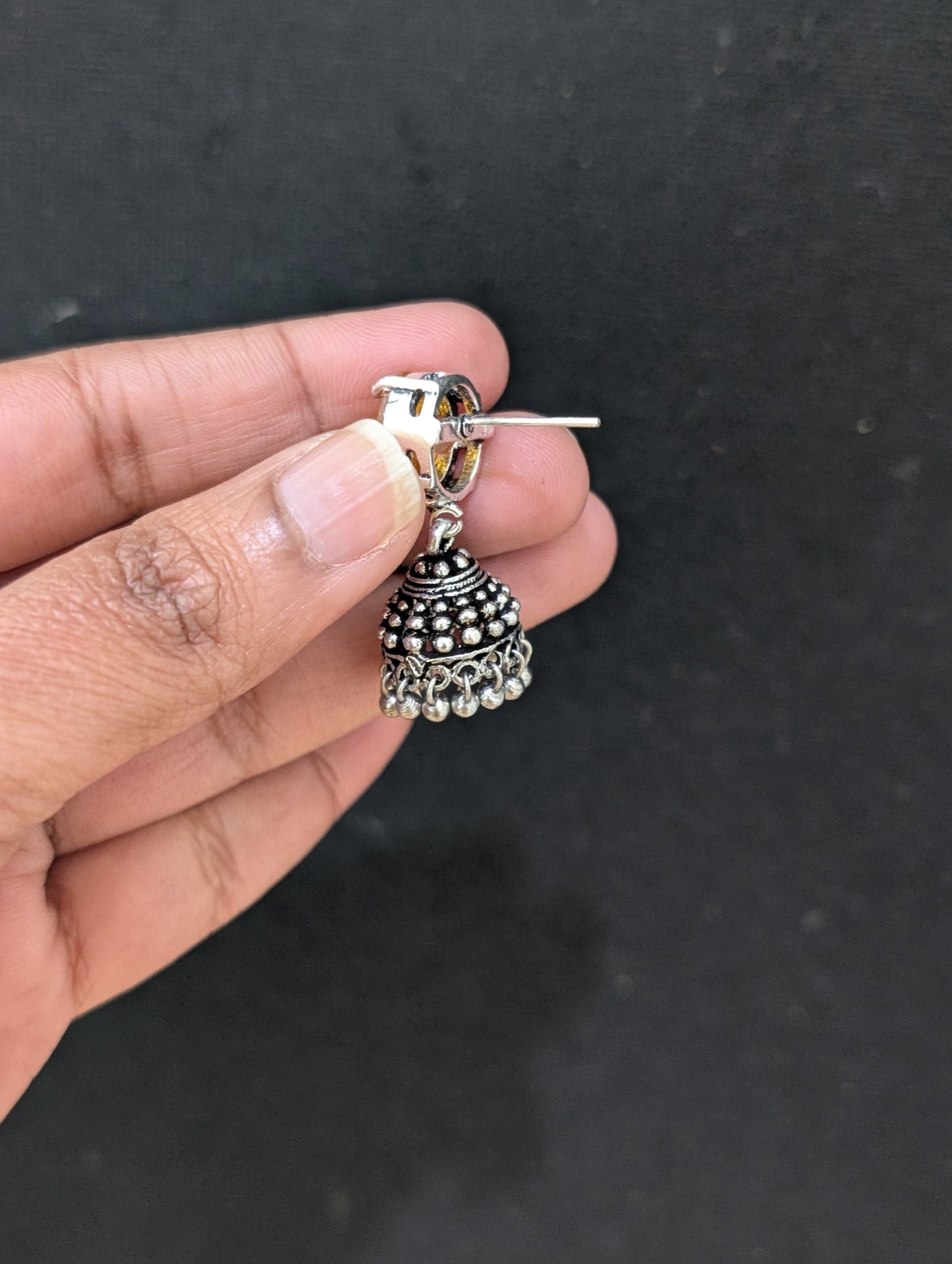 Oxidized silver CZ stone Jhumka earrings - D1