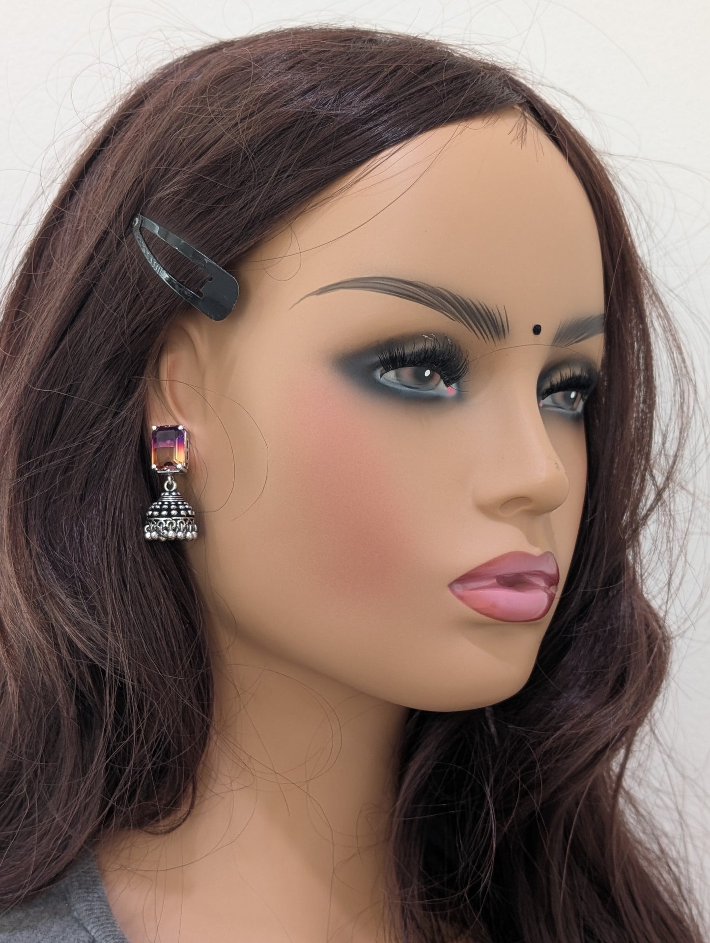 Oxidized silver CZ stone Jhumka earrings - D3