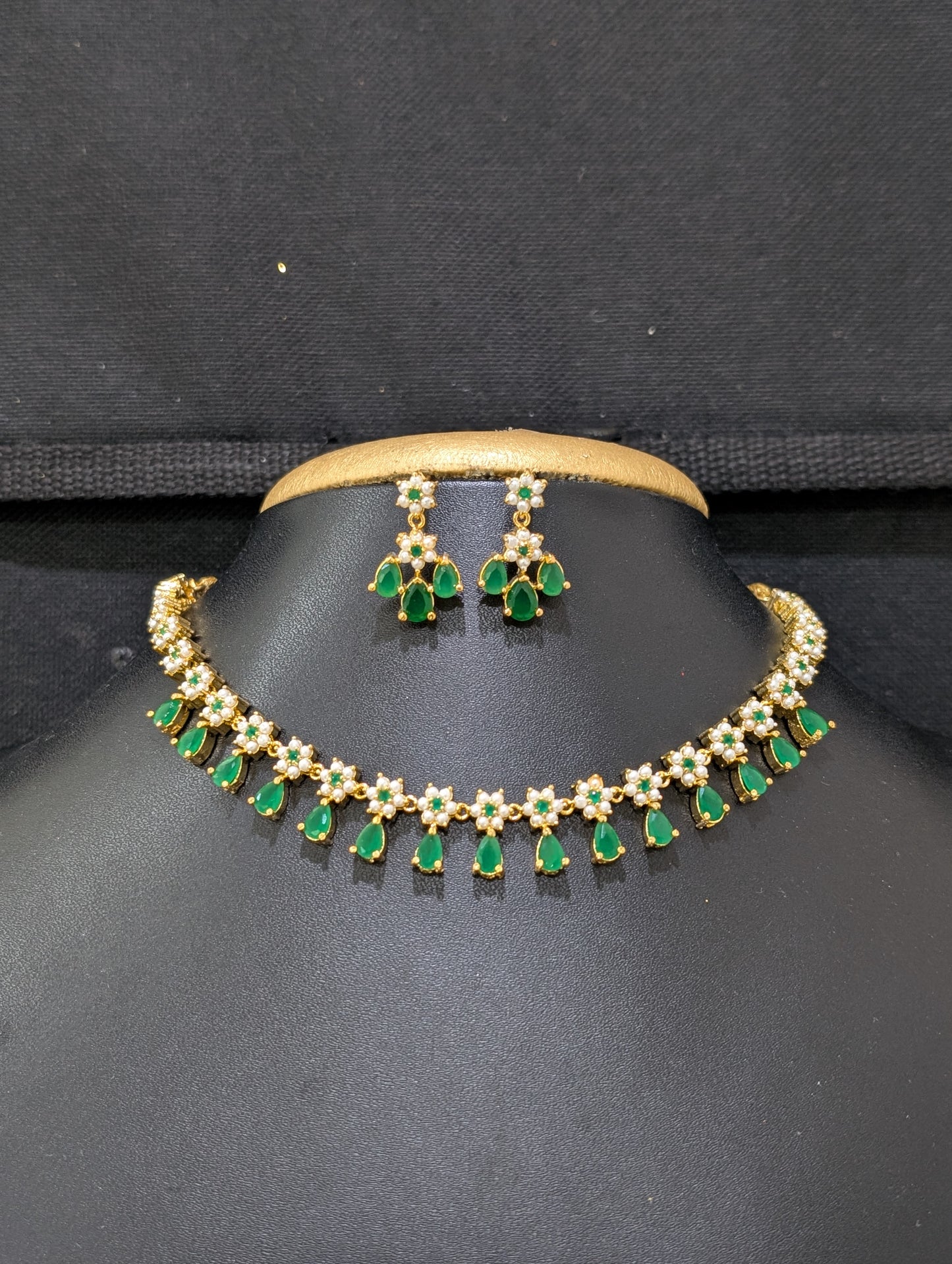 CZ Faux Pearl choker necklace and Earrings set