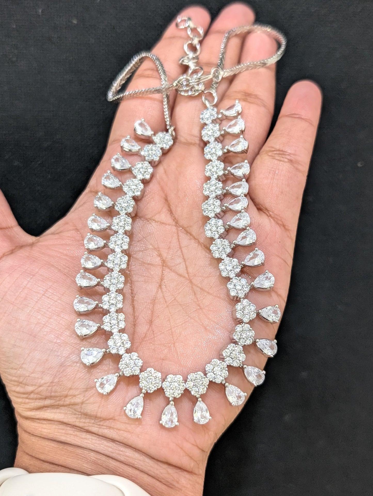 Casual flower cz stone choker necklace and earring set - Platinum finish