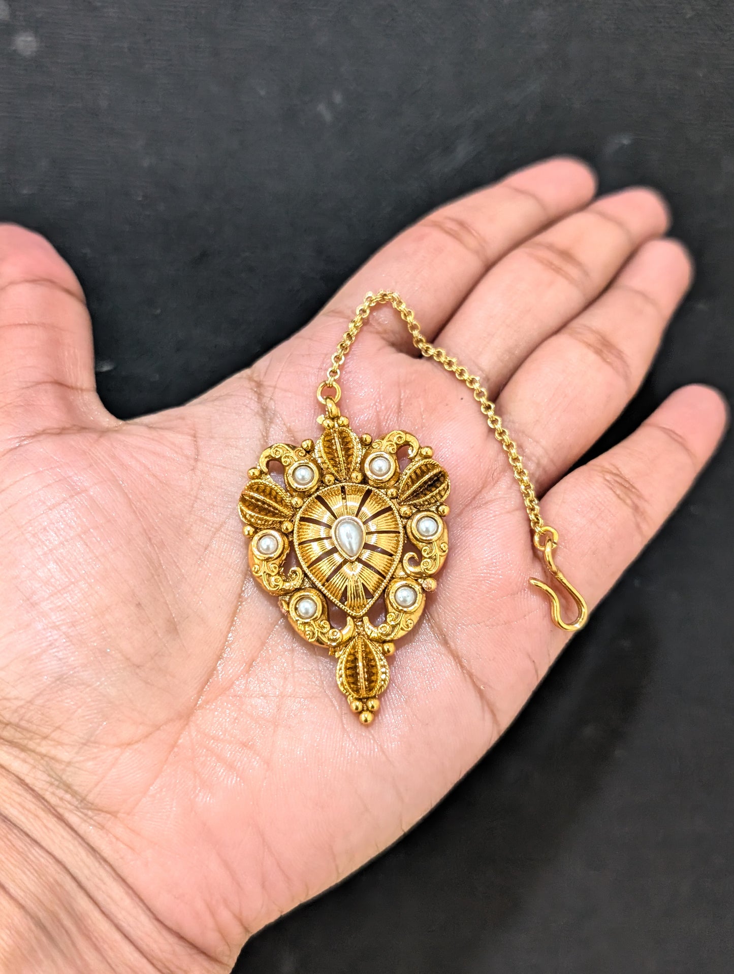 Inverted teardrop Gola plated Pearl Maang Tikka