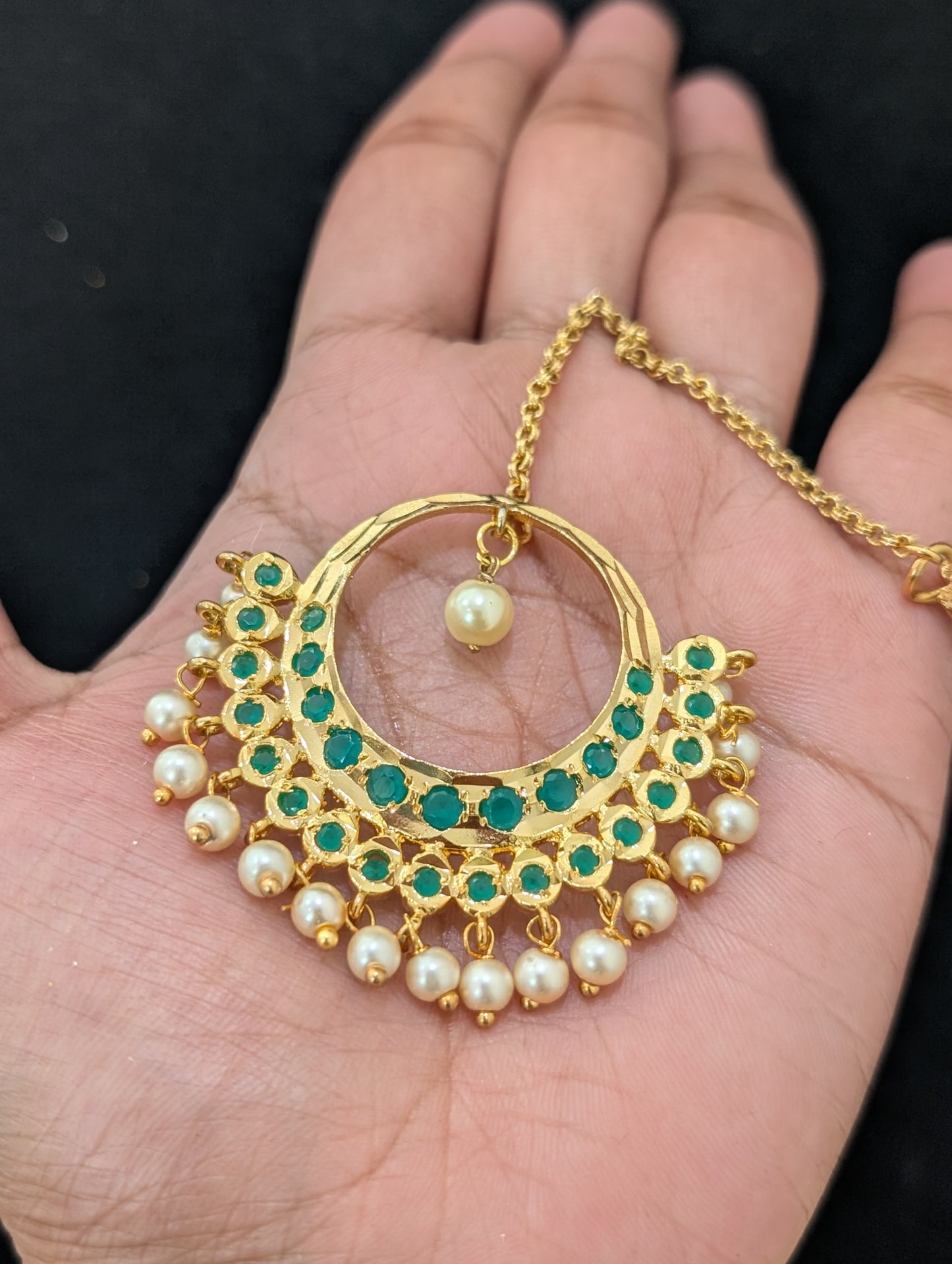 One gram gold Green CZ Chandbali Tikka