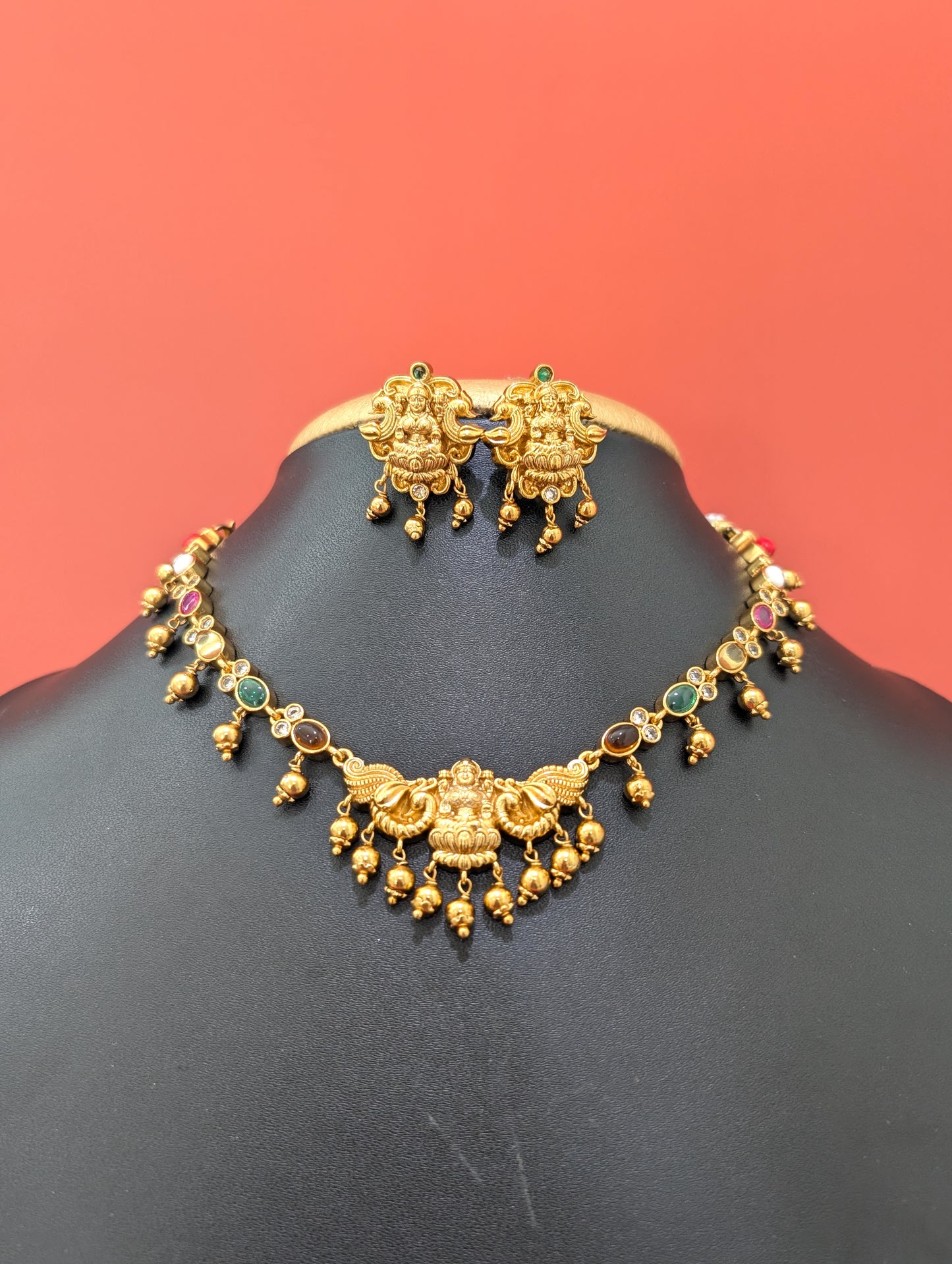 Navaratna stone Goddess Lakshmi Choker Necklace Earrings Set