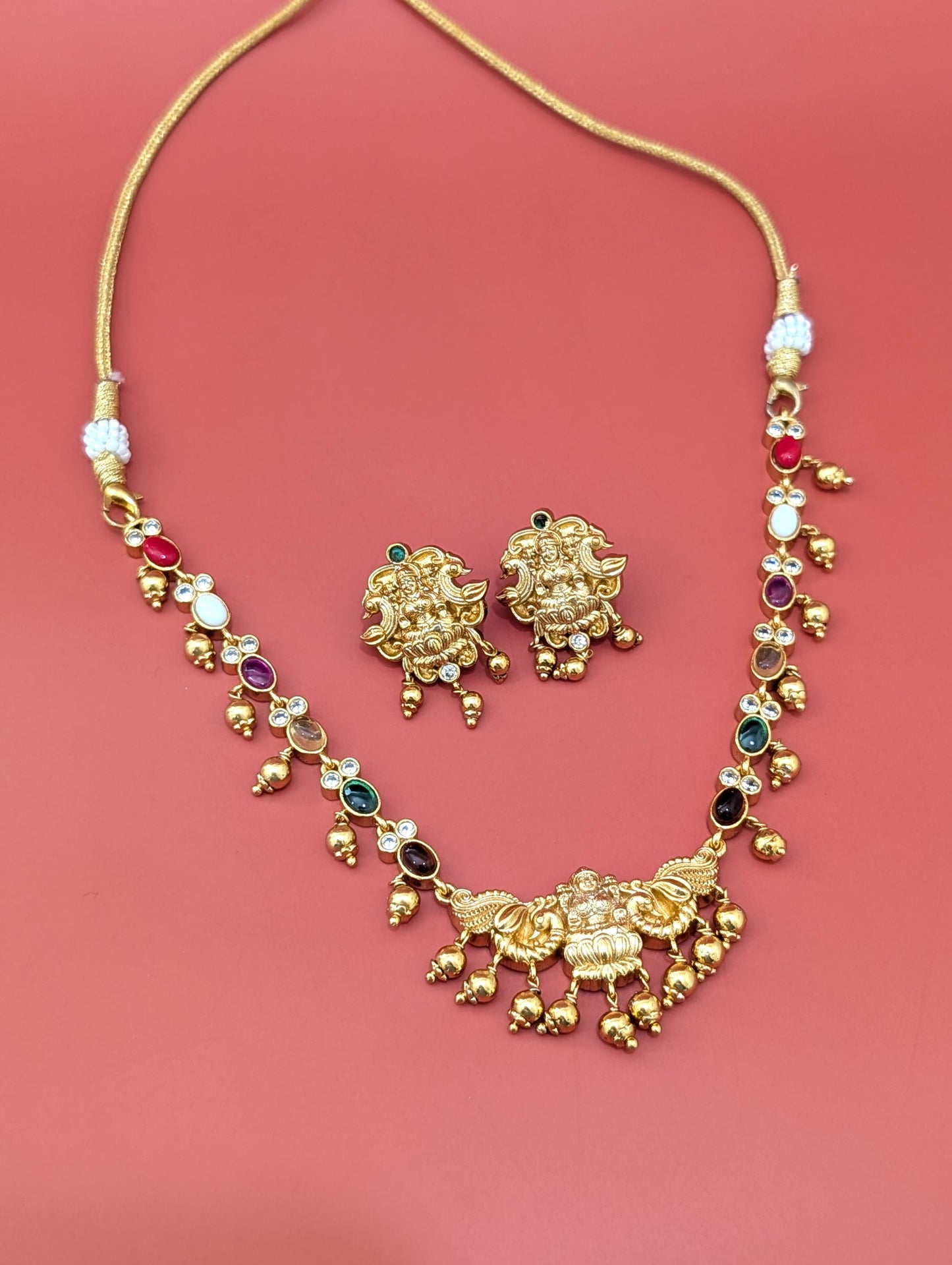 Navaratna stone Goddess Lakshmi Choker Necklace Earrings Set