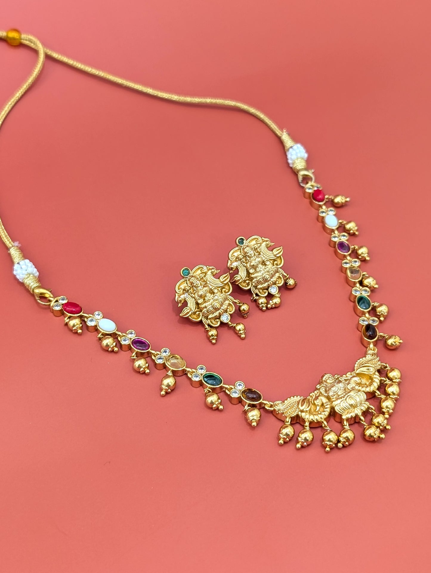 Navaratna stone Goddess Lakshmi Choker Necklace Earrings Set